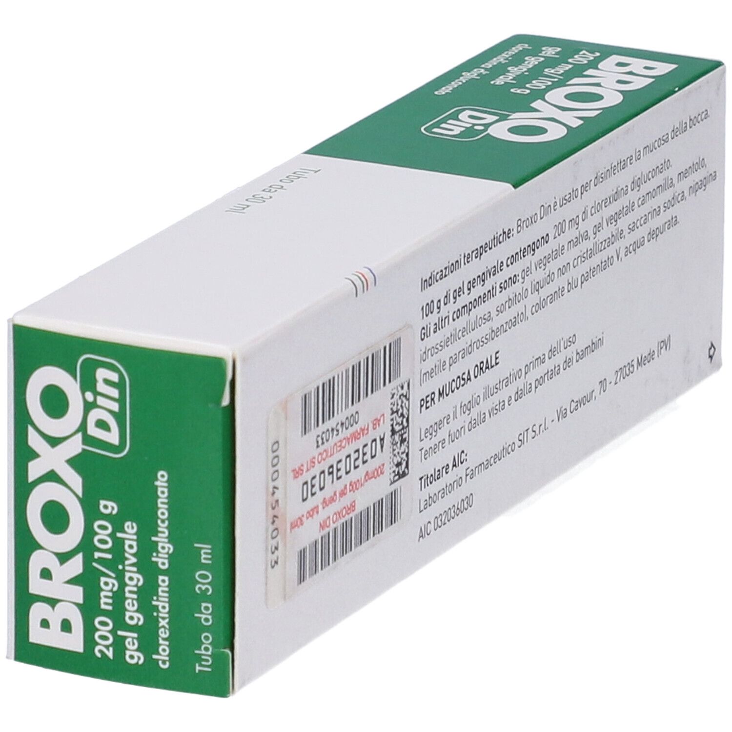 Broxodin Gel: Confezione con codice a barre, numero di lotto e indicazioni per mucosa orale.