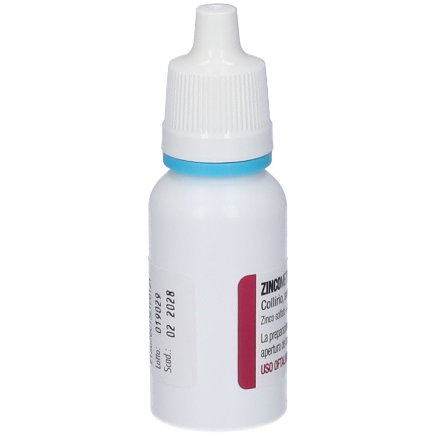 Flacone bianco con anello blu e tappo bianco. Scritta ZINCOMETIL. Date di produzione e scadenza.