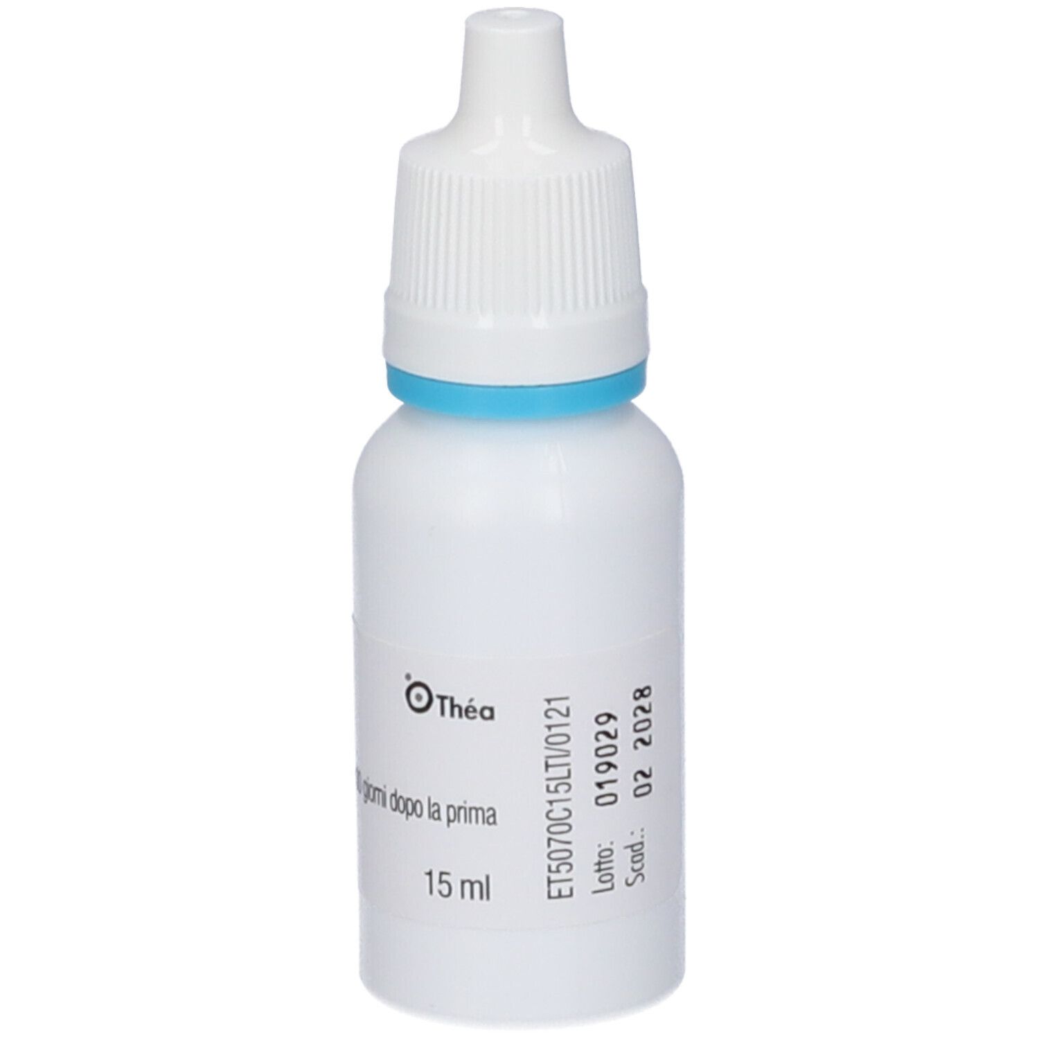 Flacone bianco con anello blu e tappo bianco. Scritta ZINCOMETIL. 15 ml.