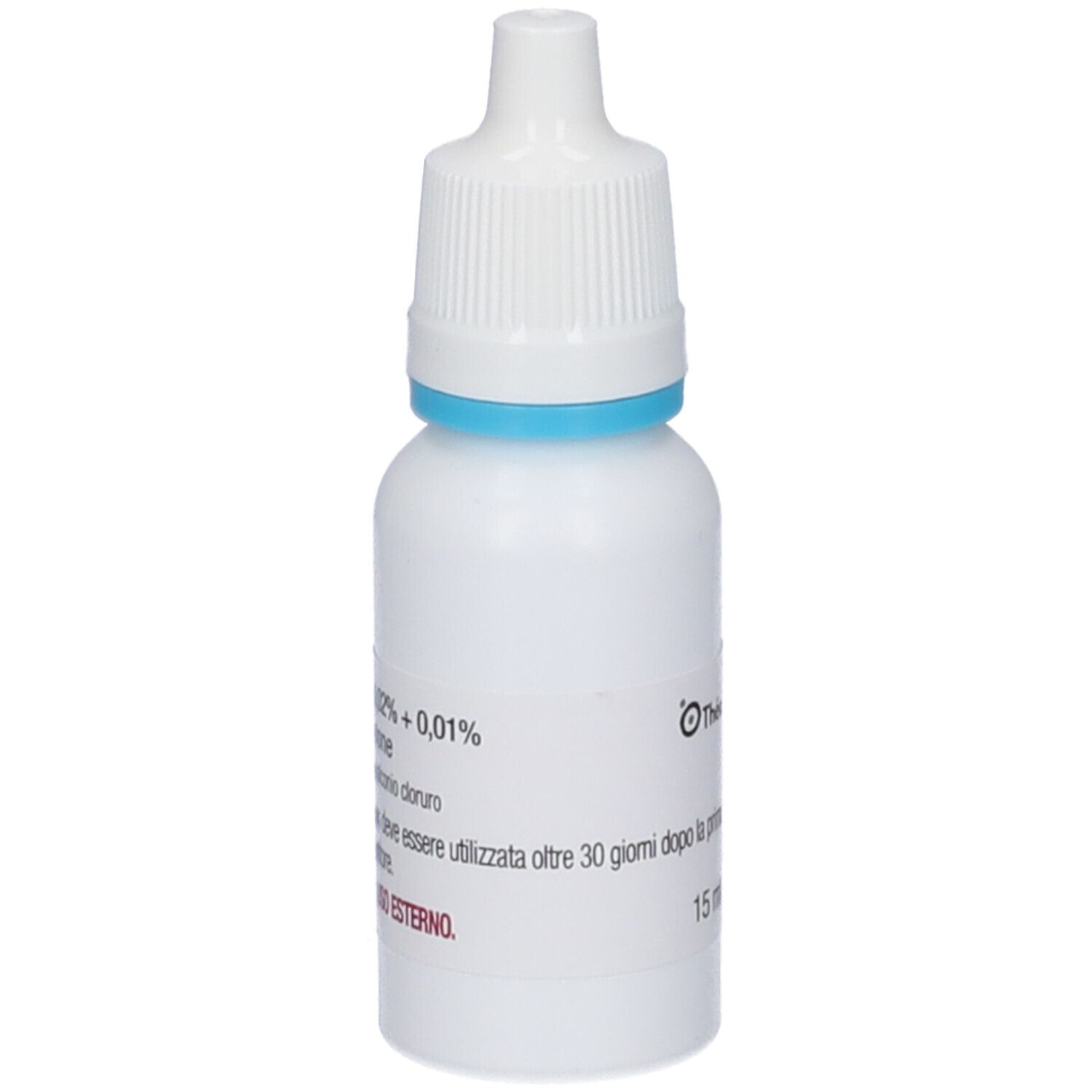 Flacone bianco con anello blu e tappo bianco. Scritta ZINCOMETIL. 15 ml.