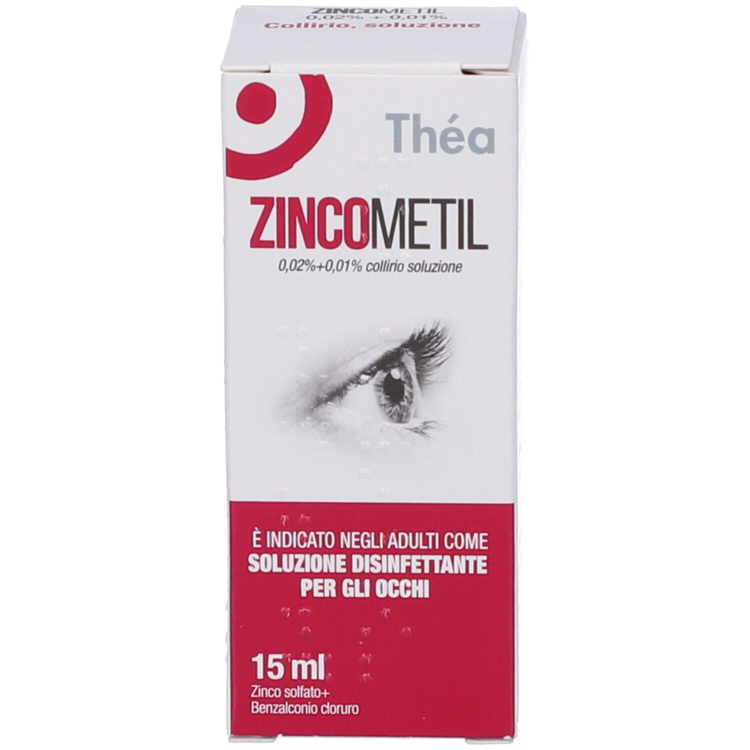 Scatola. Scritta ZINCOMETIL 0,02% + 0,01% collirio, soluzione. Illustrazione occhio.