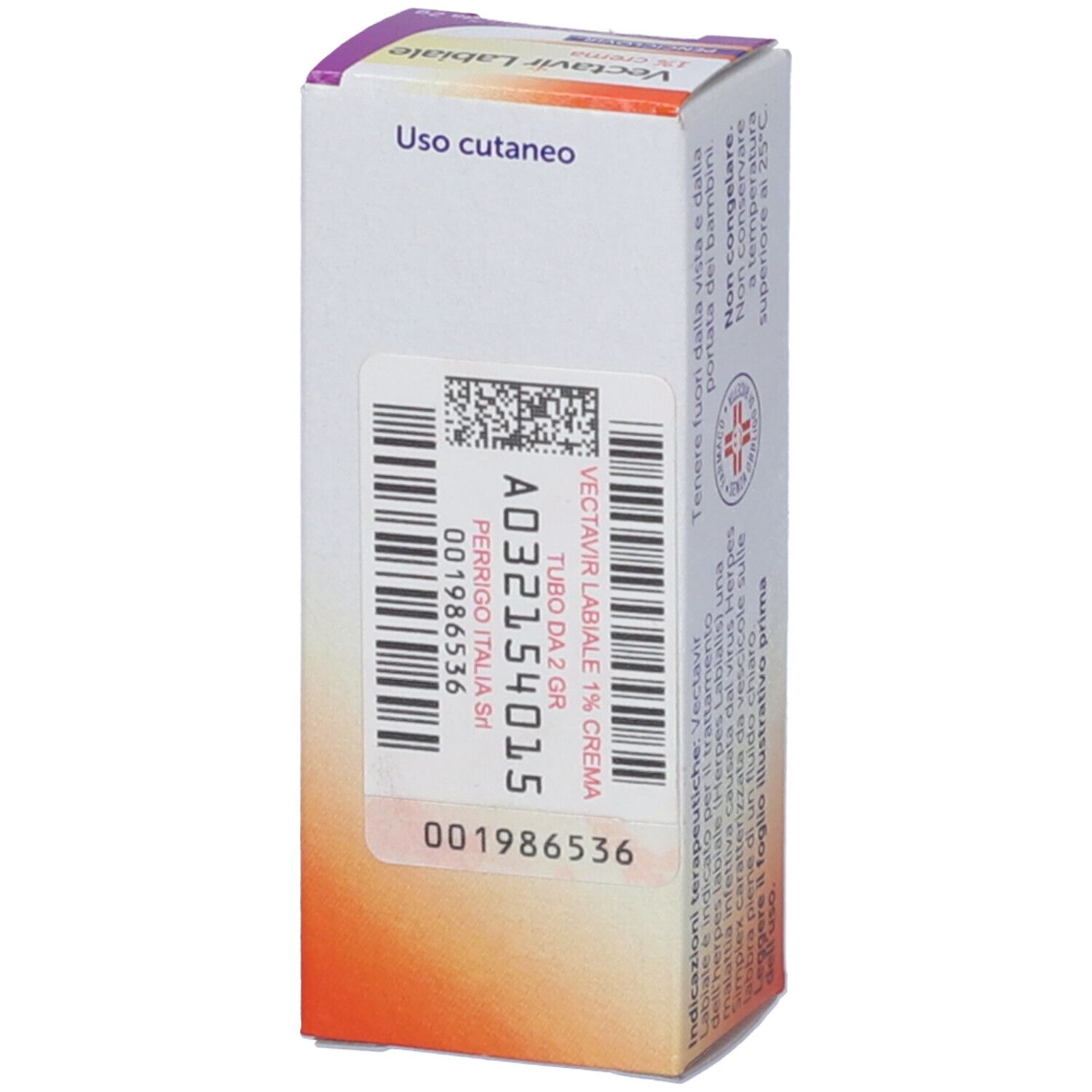 Vista laterale della confezione di Vectavir Labiale 1% crema. Codice a barre e informazioni.