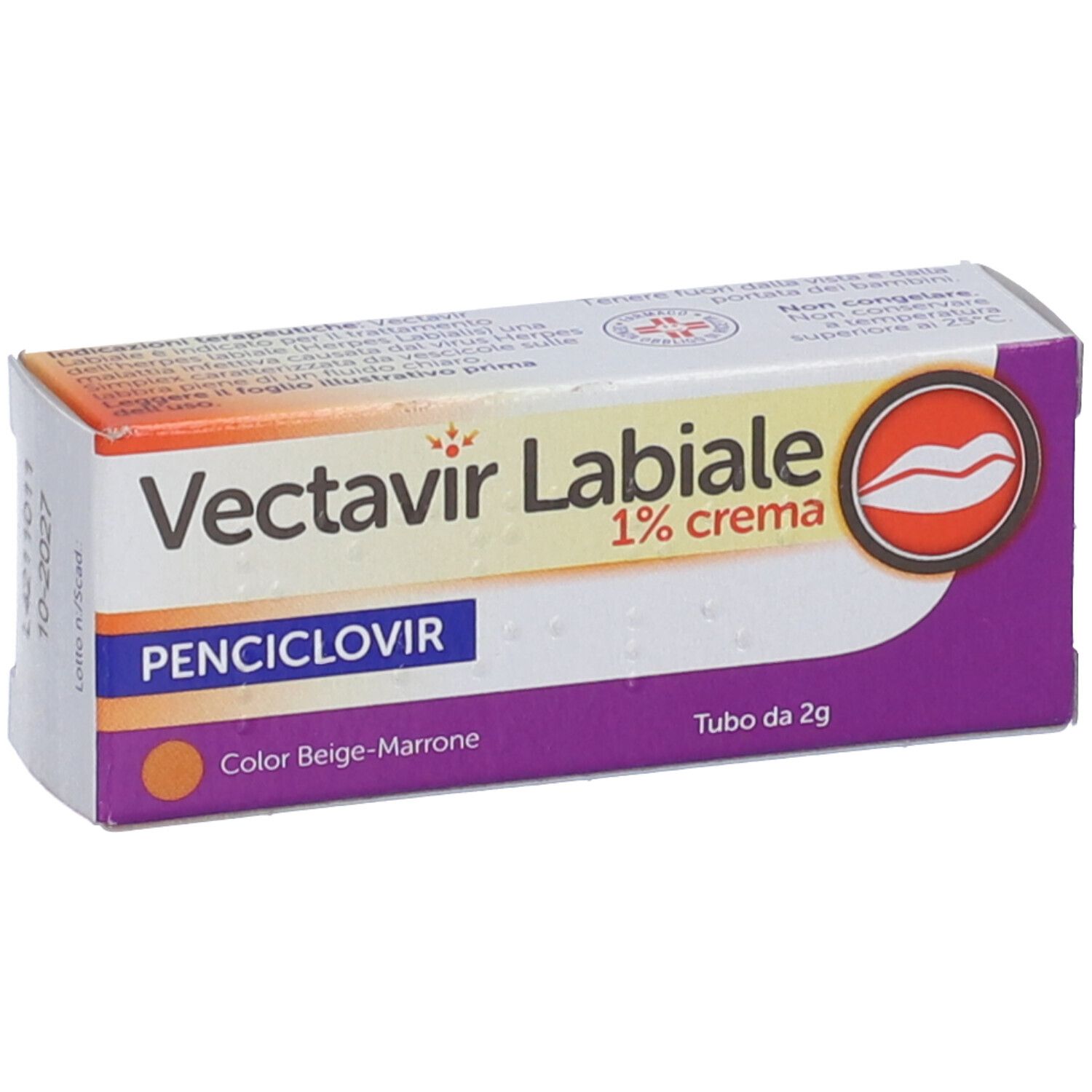 Confezione di Vectavir Labiale 1% crema. Scritta: PENCICLOVIR, colore Beige-Marrone, Tubo da 2g.