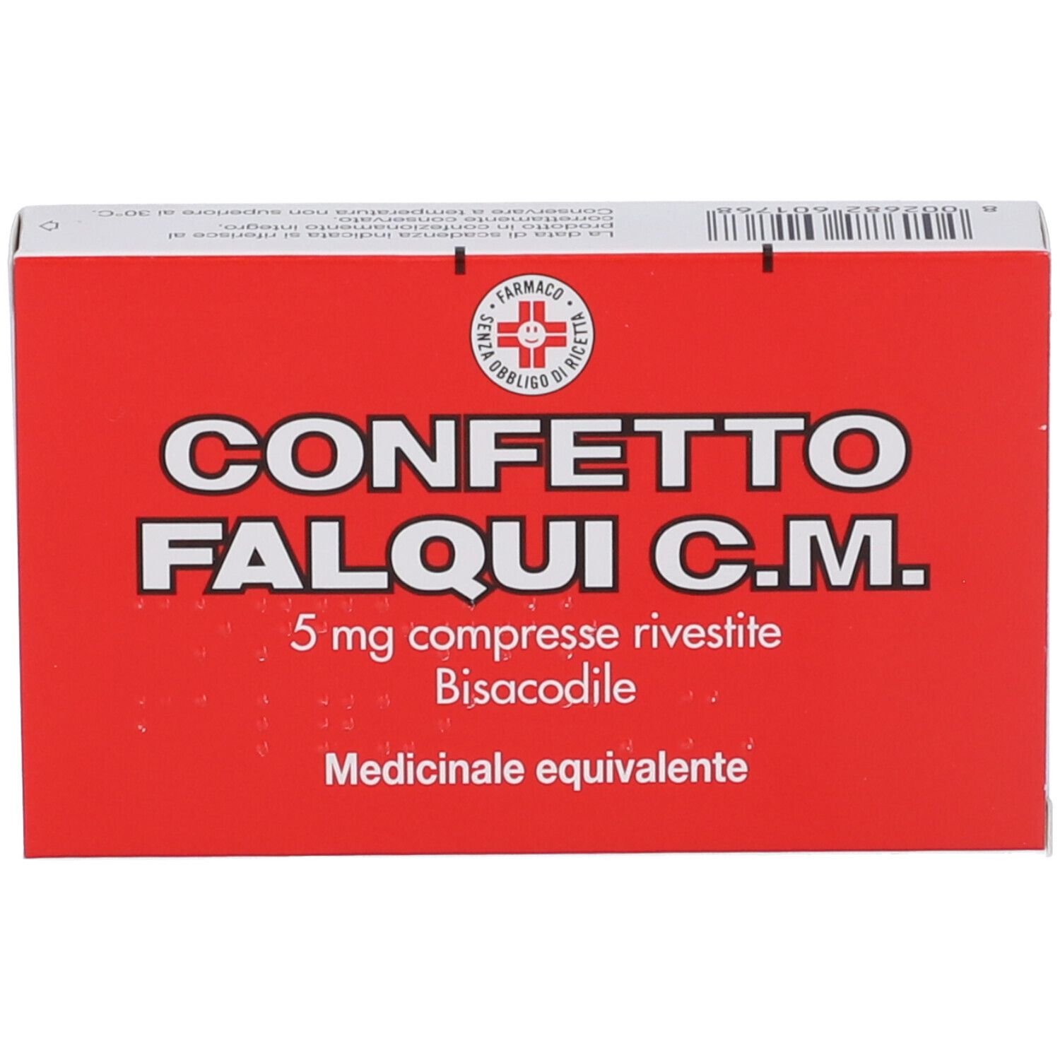 Scatola rossa con scritta bianca: CONFETTO FALQUI C.M. 5 mg compresse rivestite. Farmaco.