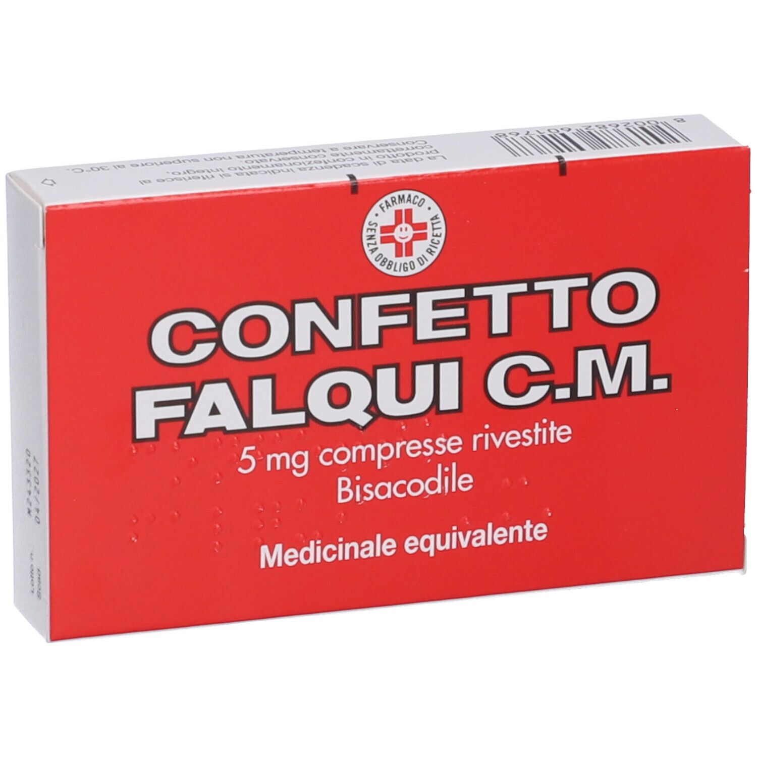 Scatola rossa con scritta bianca: CONFETTO FALQUI C.M. 5 mg compresse rivestite. Farmaco.