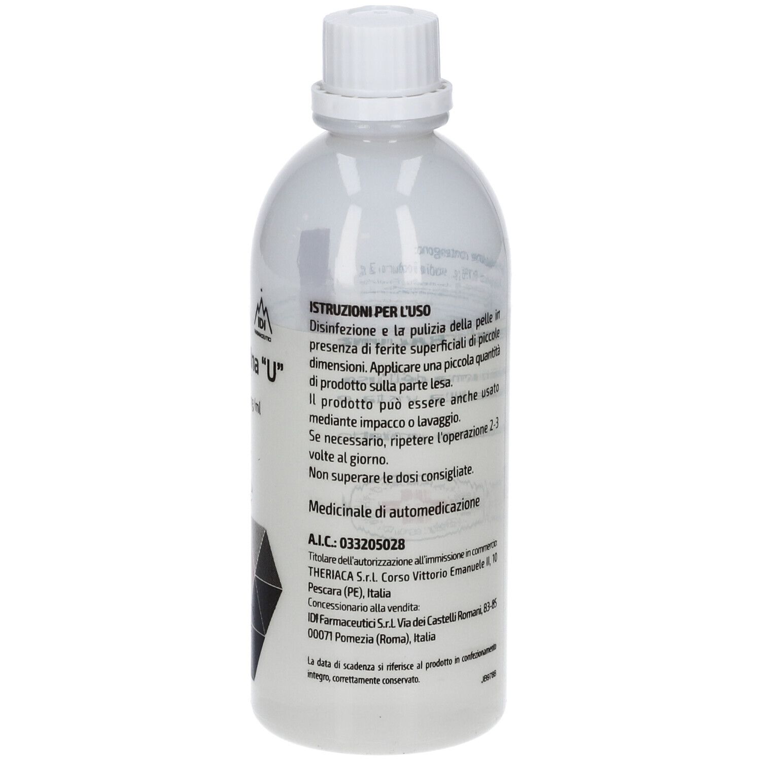 Flacone bianco con tappo a vite. Etichetta con informazioni sul prodotto. Testo in italiano. Logo farmacia.