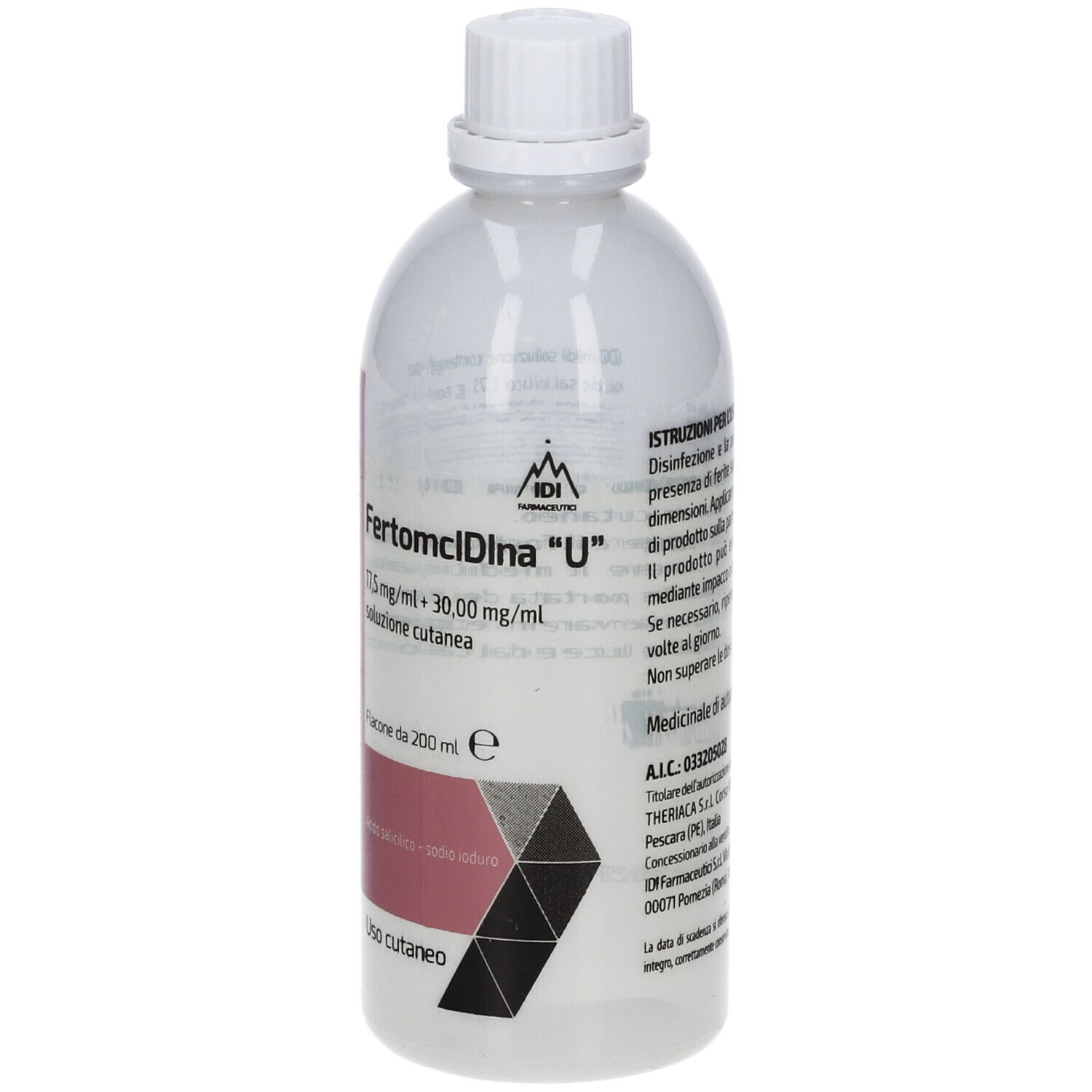 Flacone bianco con tappo a vite. Etichetta con nome del prodotto e informazioni. Accenti rosa e grigi.