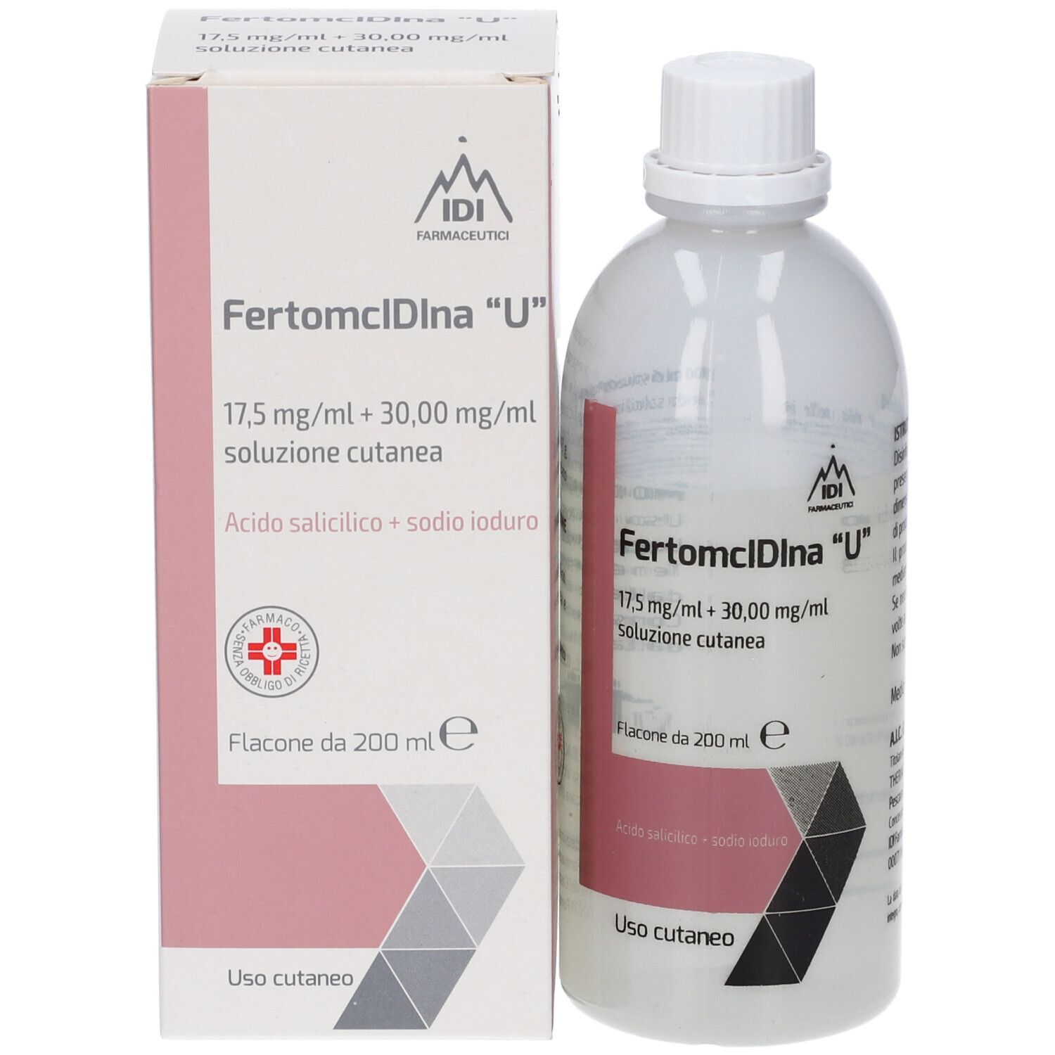 Flacone e confezione del prodotto. Flacone bianco con etichetta. Confezione rosa e grigia con nome del prodotto.