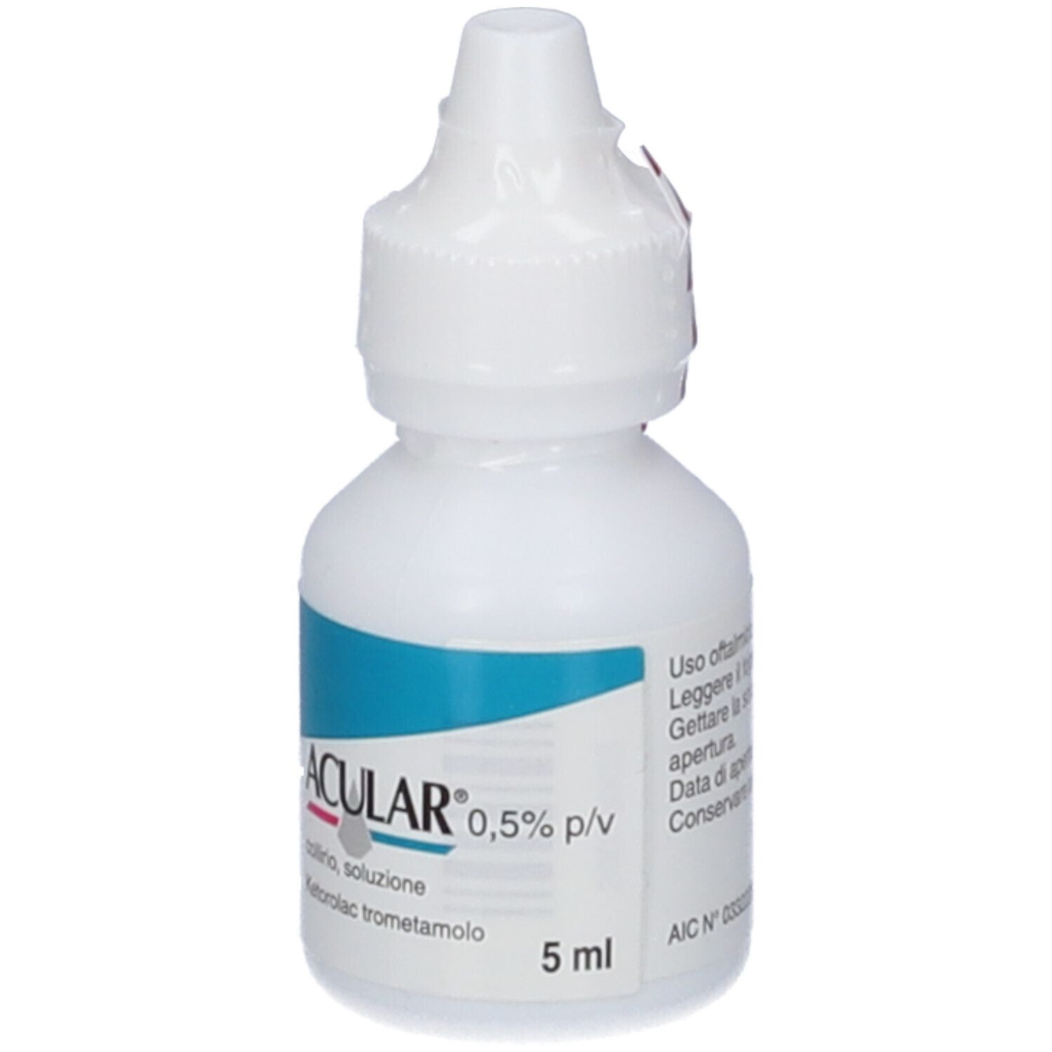 Flacone bianco ACULAR 0,5% p/v collirio, soluzione. Contiene ketorolac trometamolo. 5 ml. Testo.