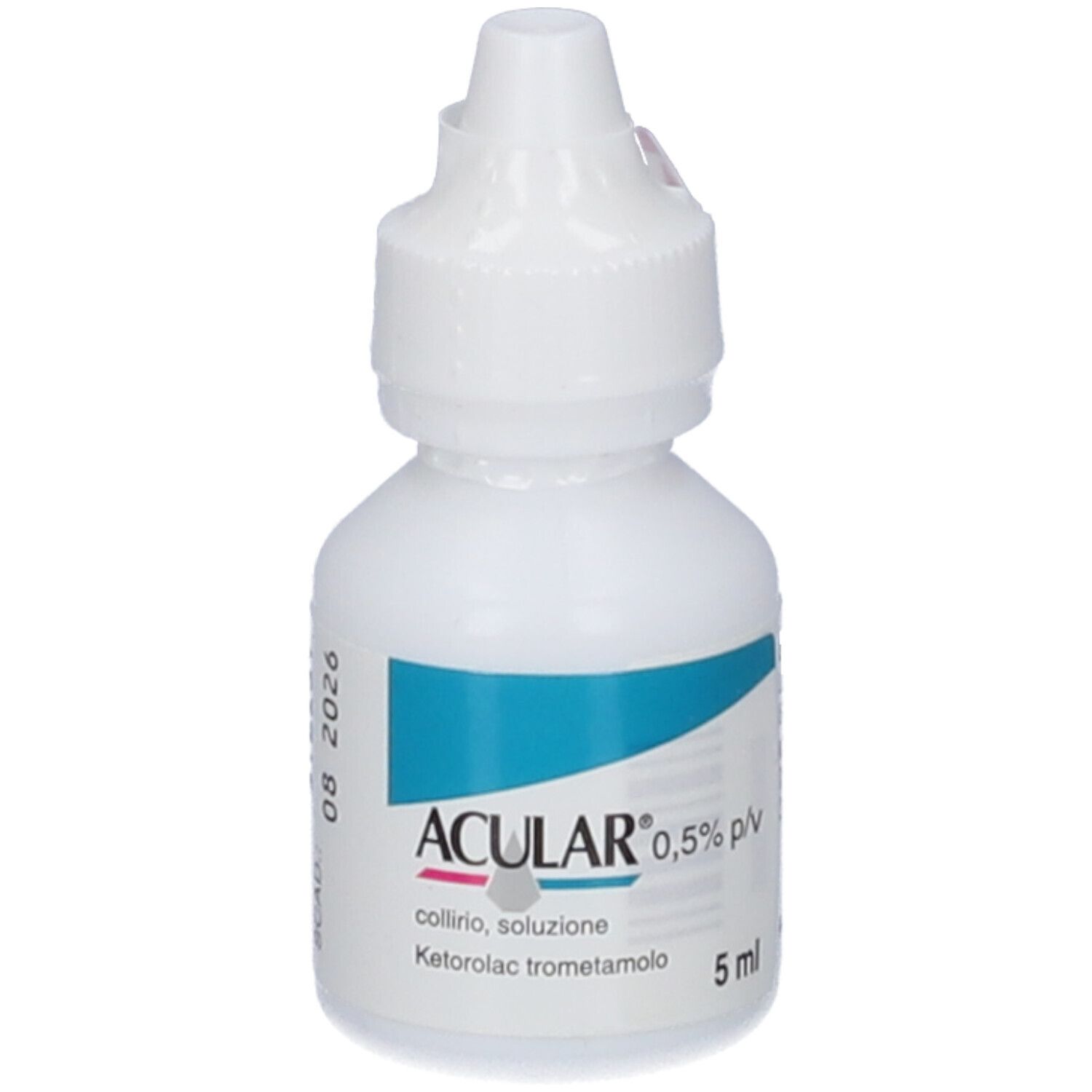 Flacone bianco ACULAR 0,5% p/v collirio, soluzione. Contiene ketorolac trometamolo. 5 ml. Testo.