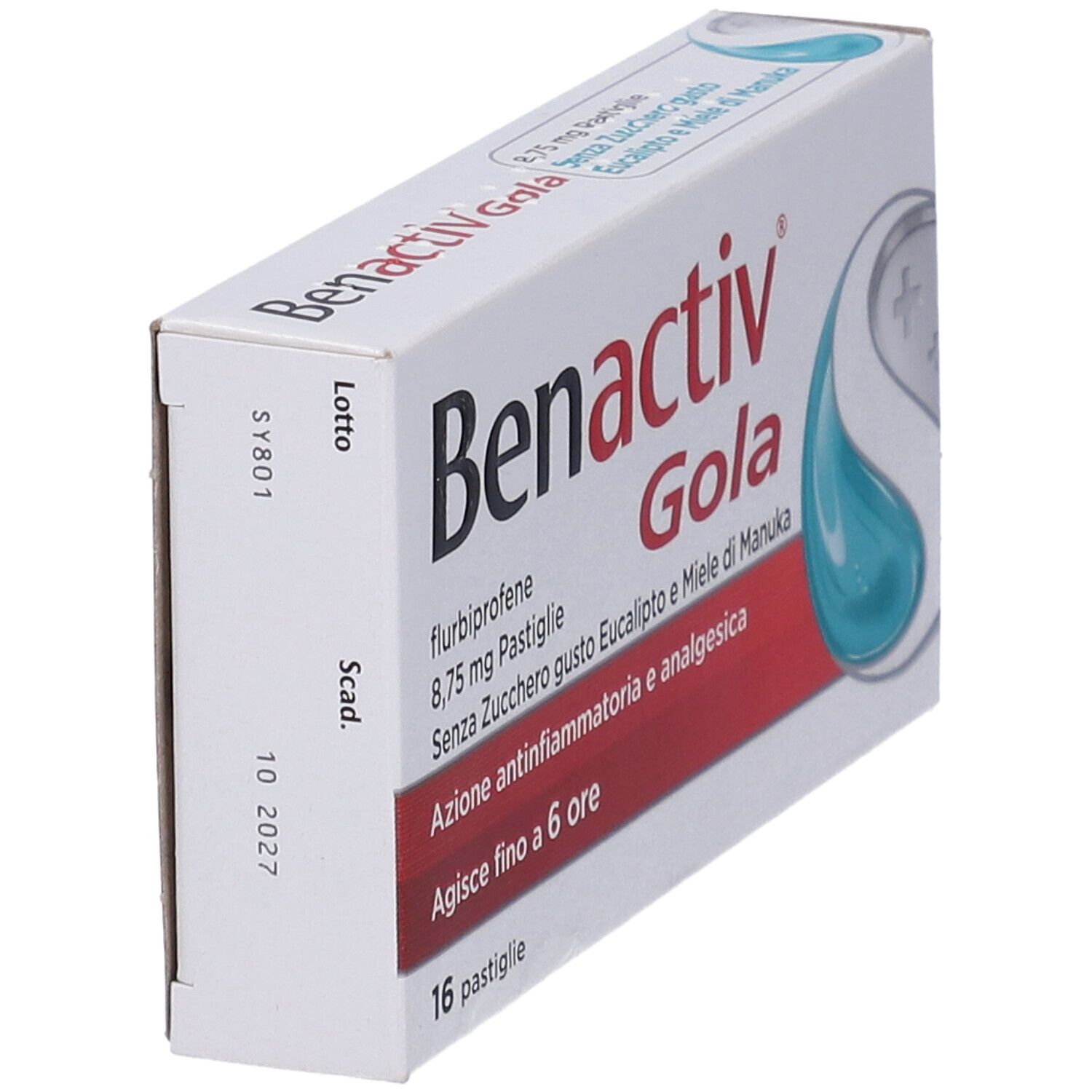 Scatola Benactiv Gola. Scritto: flurbiprofene, 8,75 mg, senza zucchero, gusto eucalipto e miele di Manuka. 16 pastiglie. Data di scadenza.