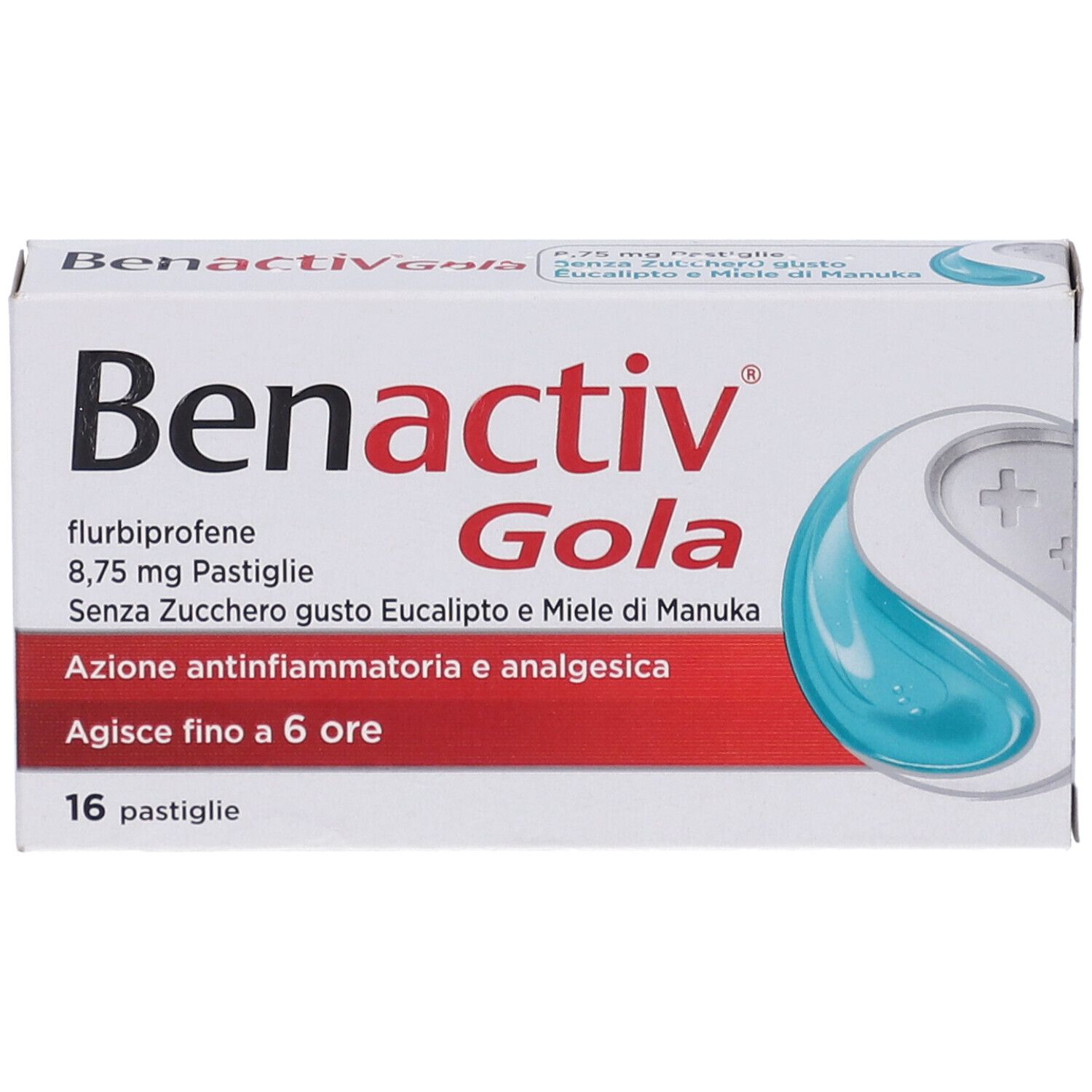 Scatola di pastiglie Benactiv Gola. Scritto: flurbiprofene, 8,75 mg, senza zucchero, gusto eucalipto e miele di Manuka. 16 pastiglie.
