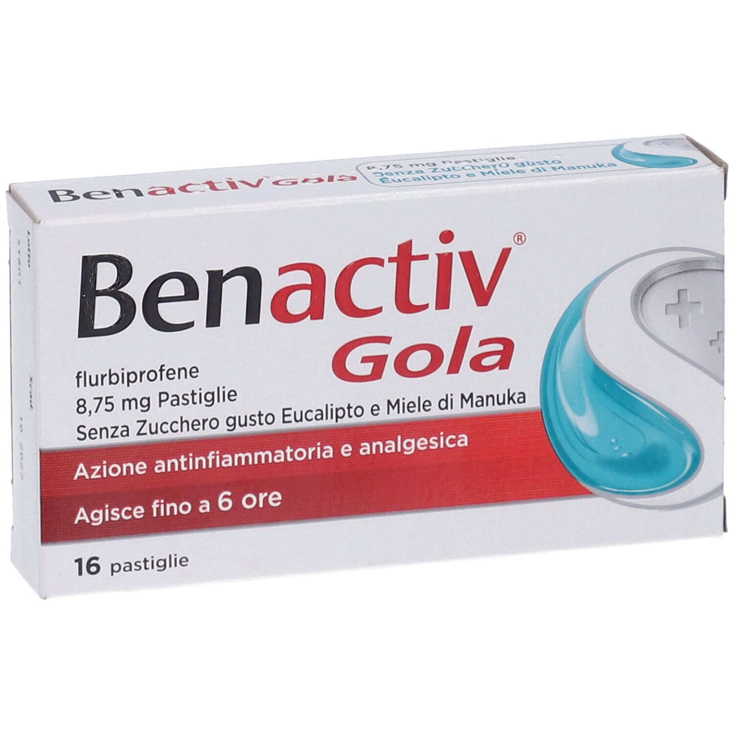 Scatola di pastiglie Benactiv Gola. Scritto: flurbiprofene, 8,75 mg, senza zucchero, gusto eucalipto e miele di Manuka. 16 pastiglie.