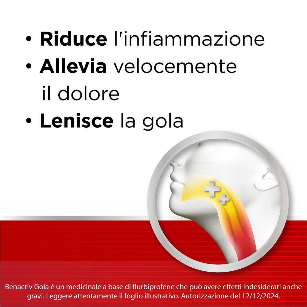 Benactiv Gola: Riduce infiammazione, allevia dolore, lenisce la gola.