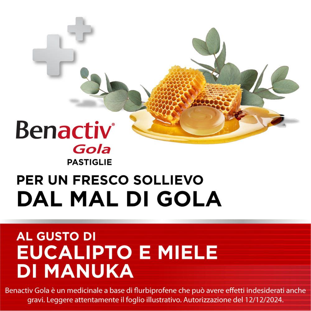 Benactiv Gola: Gusto Eucalipto e Miele di Manuka per un fresco sollievo.