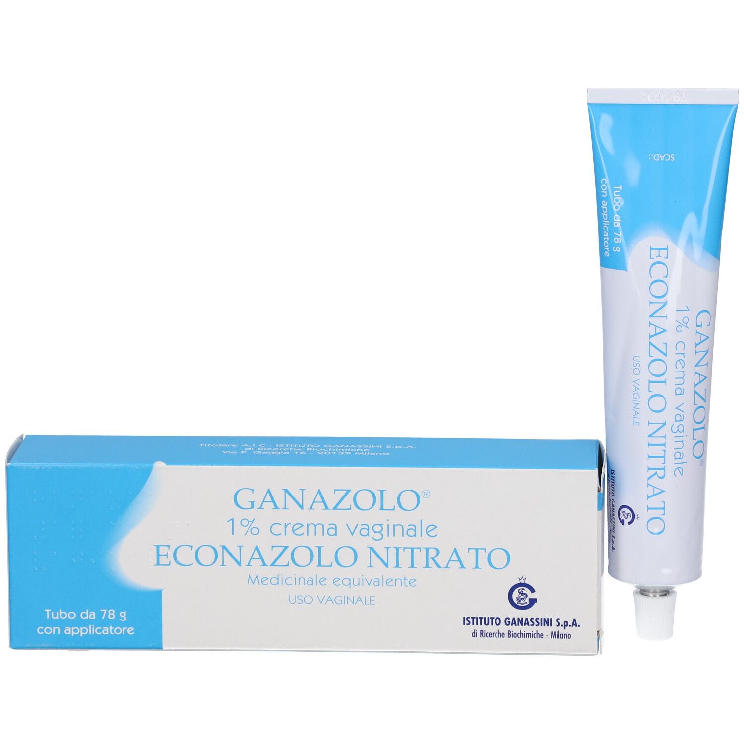 Scatola e tubo di Ganazolo 1% crema vaginale. Colori blu e bianco. Tubo con applicatore.
