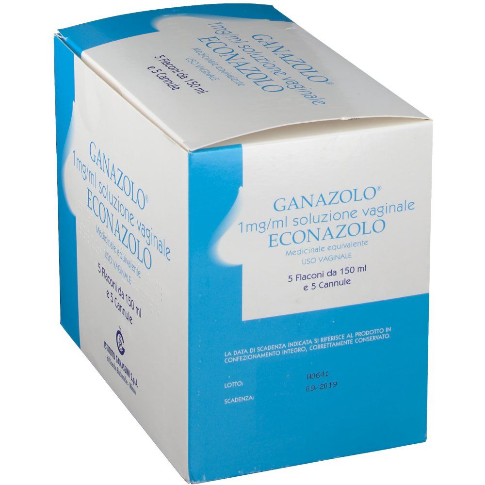 Vista angolata della confezione Ganazolo®. Contiene 5 flaconi e 5 cannule. Confezione bianca e blu.