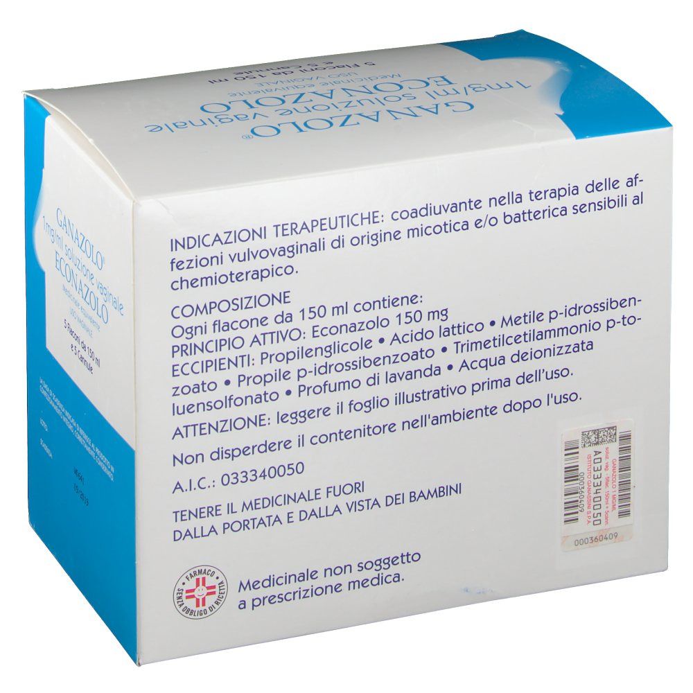 Retro della confezione Ganazolo®. Contiene informazioni sul prodotto e ingredienti. Confezione bianca.