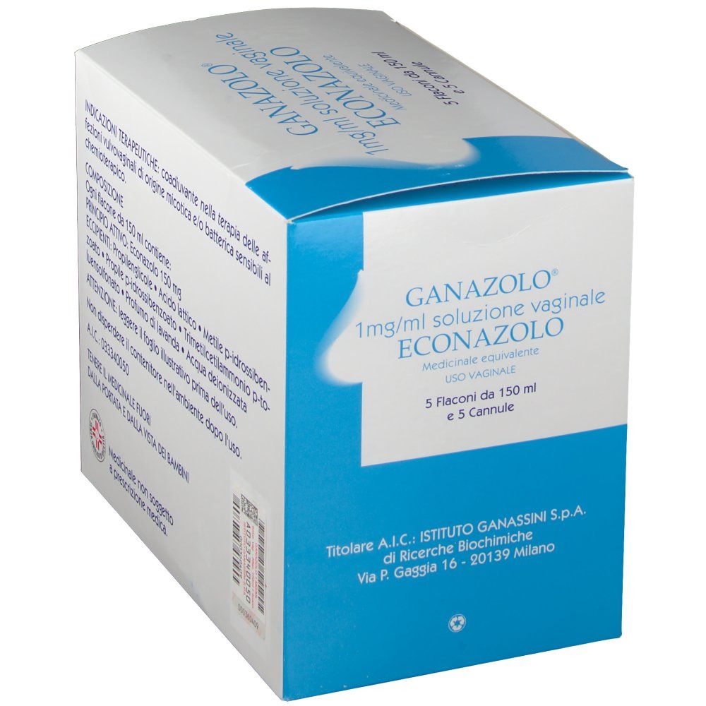Vista angolata della confezione Ganazolo®. Contiene 5 flaconi e 5 cannule. Confezione bianca e blu.