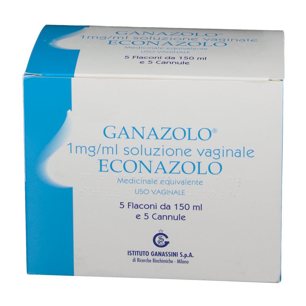 Ganazolo® 1 mg/ml soluzione vaginale. Contiene 5 flaconi e 5 cannule. Confezione bianca e blu.