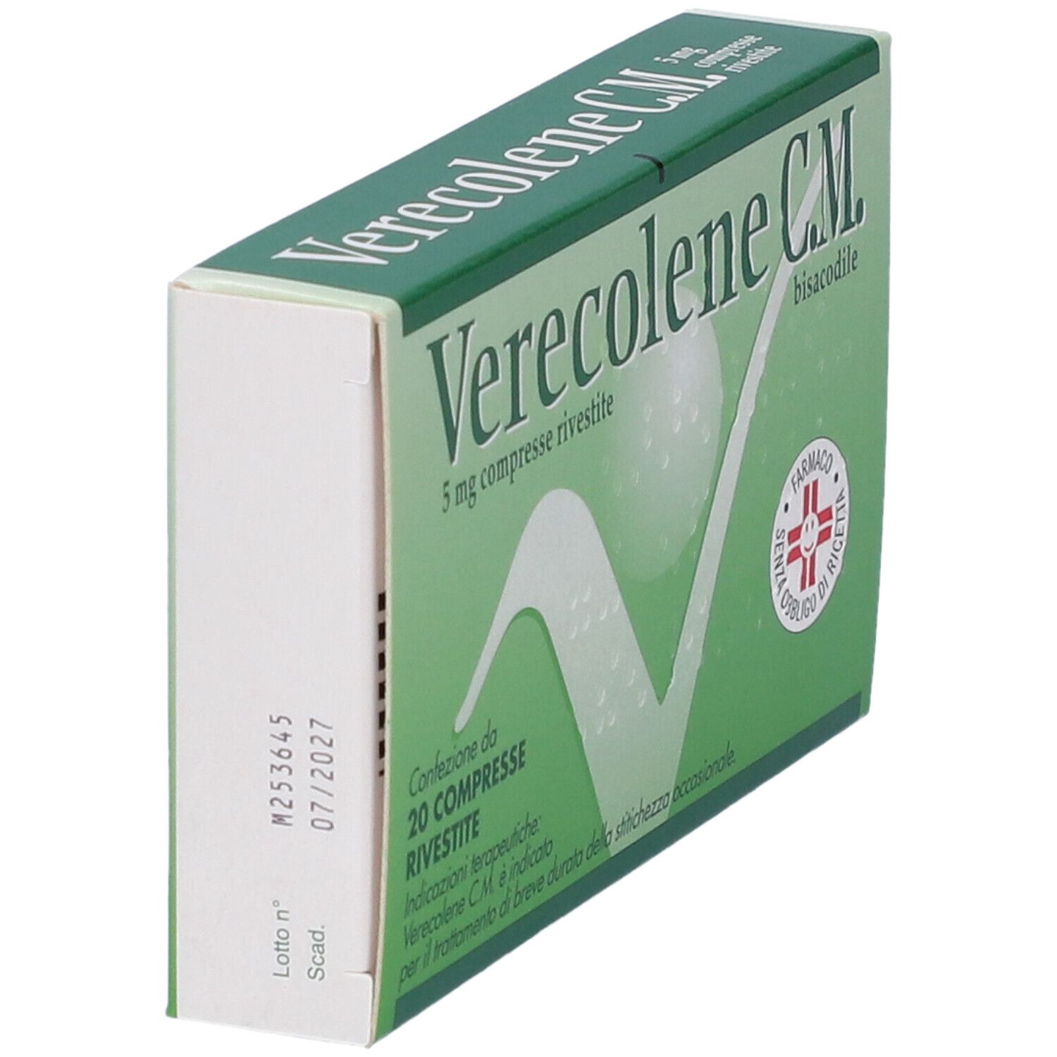 Scatola verde, vista obliqua. Scritto: Verecolene C.M., 5 mg compresse rivestite, 20 compresse. Scadenza 07/2027.