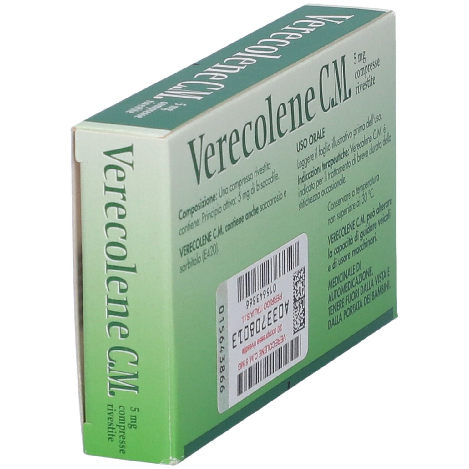 Scatola verde, vista obliqua. Scritto: Verecolene C.M., 5 mg compresse rivestite. Testo e codice a barre sul retro.