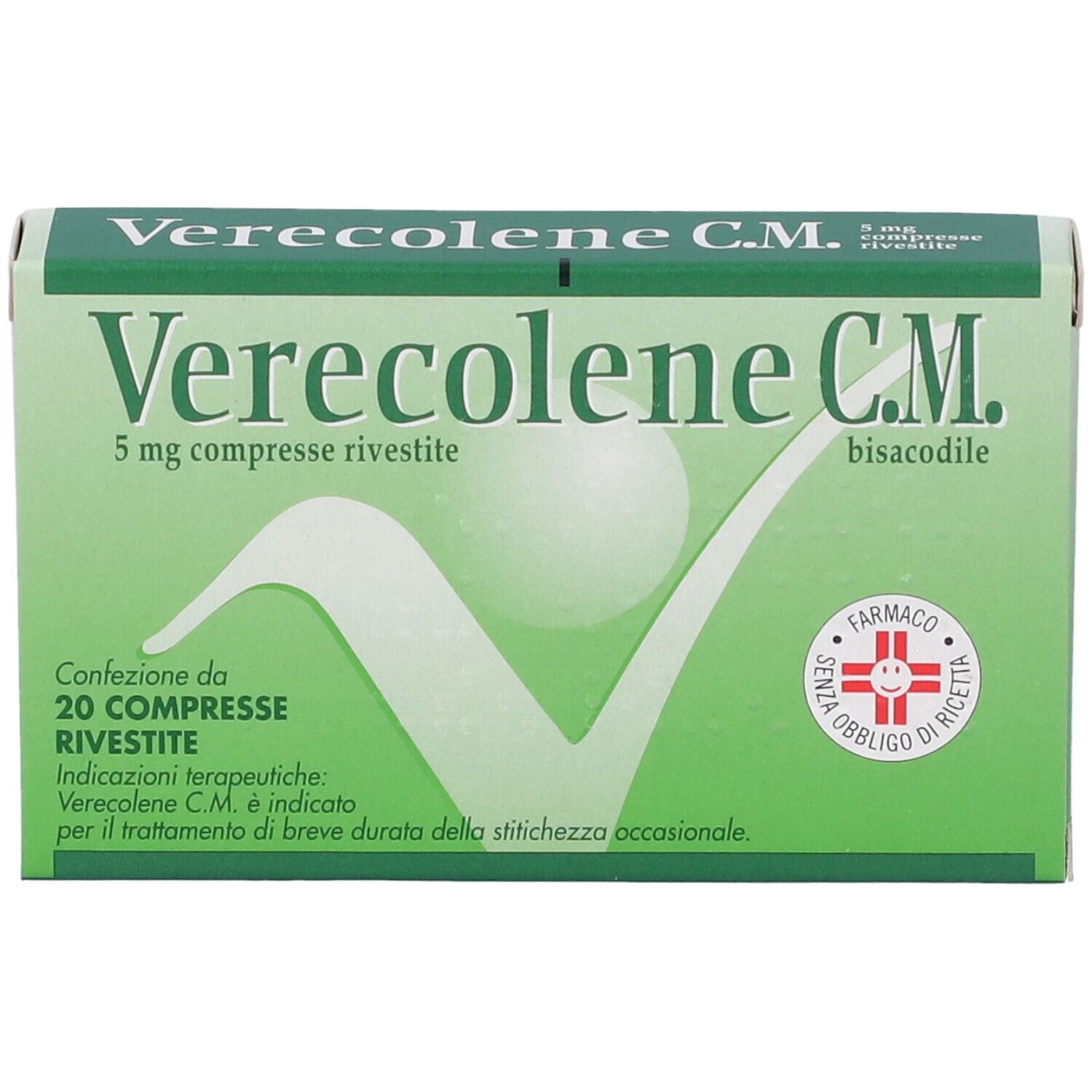 Scatola verde con logo bianco e testo. Scritto: Verecolene C.M., 5 mg compresse rivestite, 20 compresse. Simbolo farmacia.