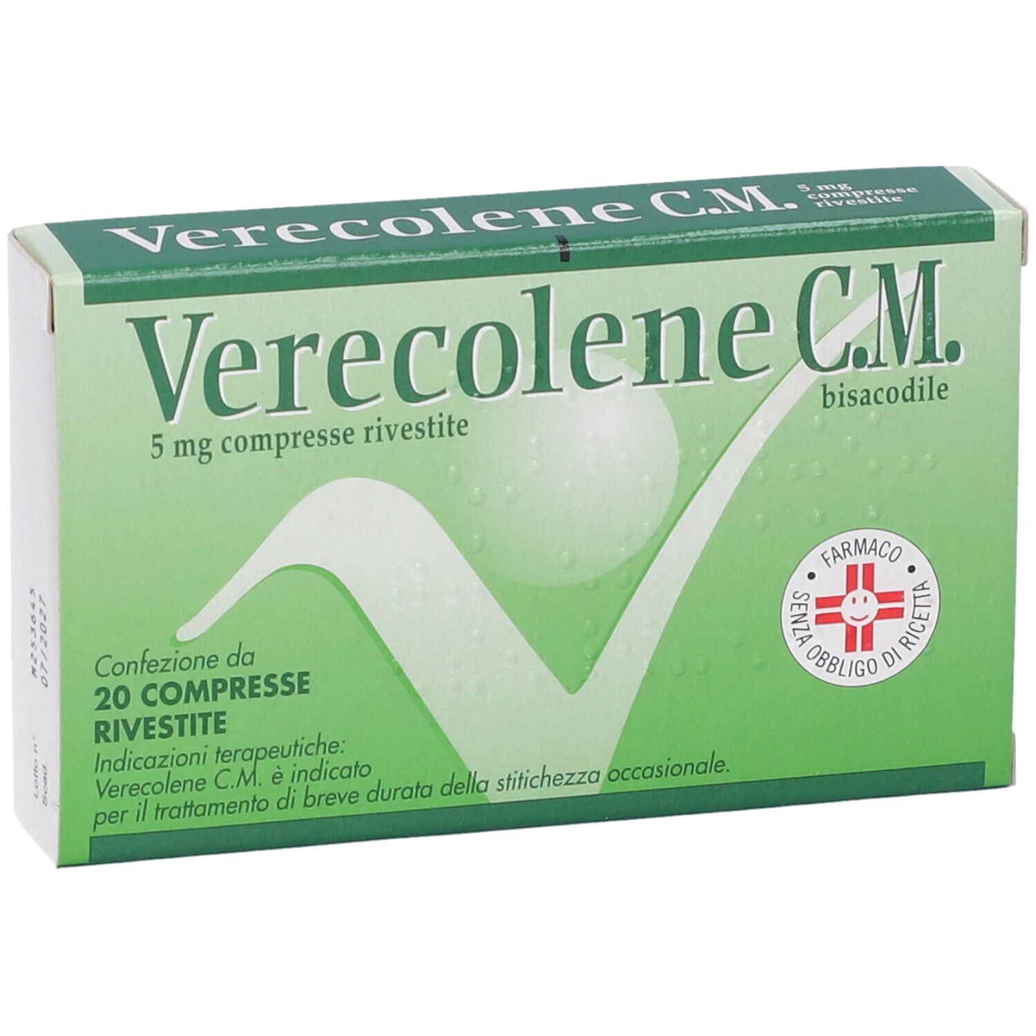 Scatola verde con logo bianco e testo. Scritto: Verecolene C.M., 5 mg compresse rivestite, 20 compresse. Simbolo farmacia.