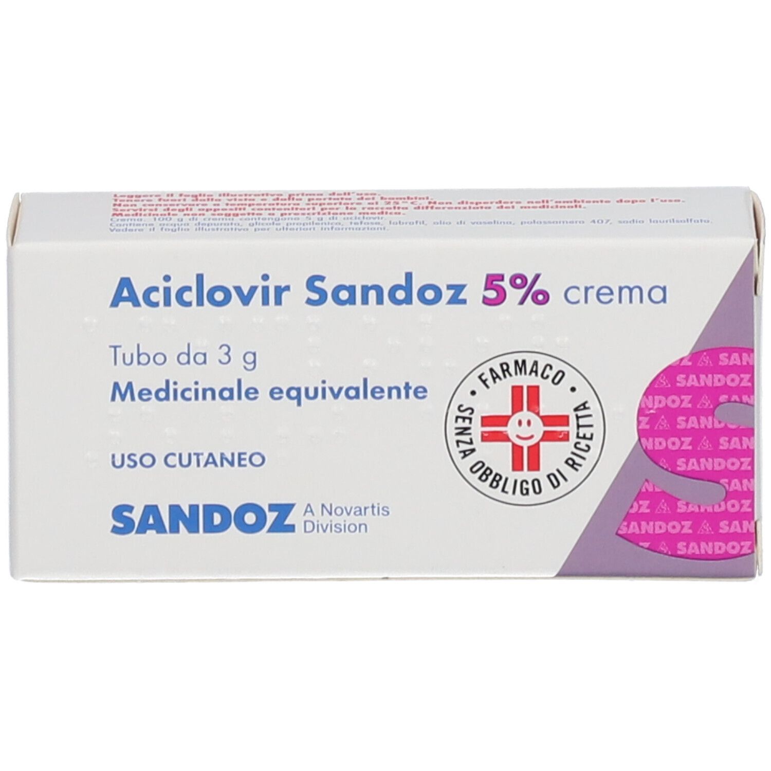 Fronte della scatola di crema Aciclovir Sandoz 5%. Scatola bianca con accenti rosa. Nome del prodotto e marchio visibili.