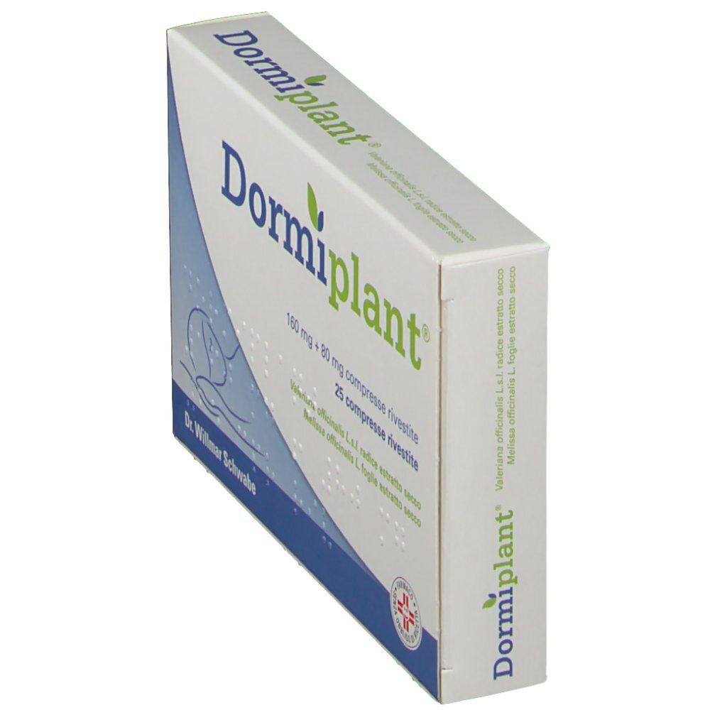 Scatola Dormiplant® in prospettiva. Bianca e blu. Nome del prodotto e logo. Logo farmacia.