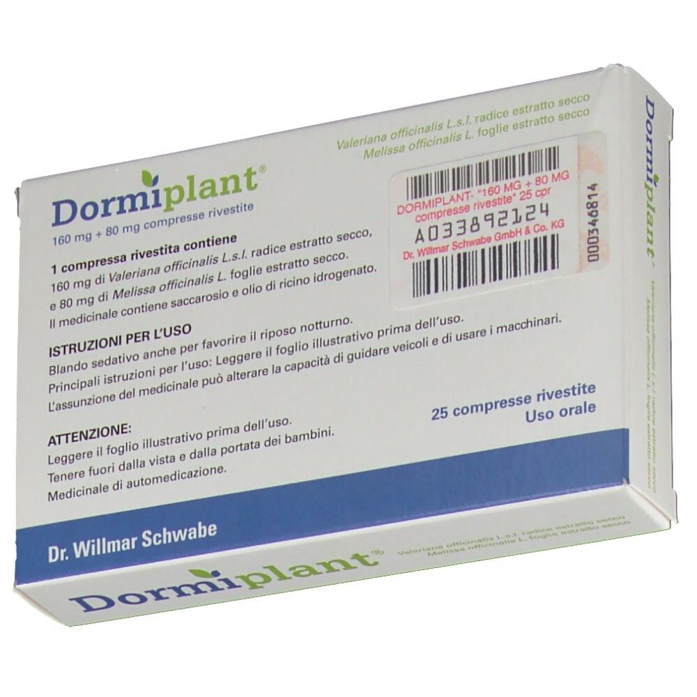 Retro della scatola Dormiplant®. Nome del prodotto, ingredienti, istruzioni per l'uso. Codice a barre e logo farmacia.