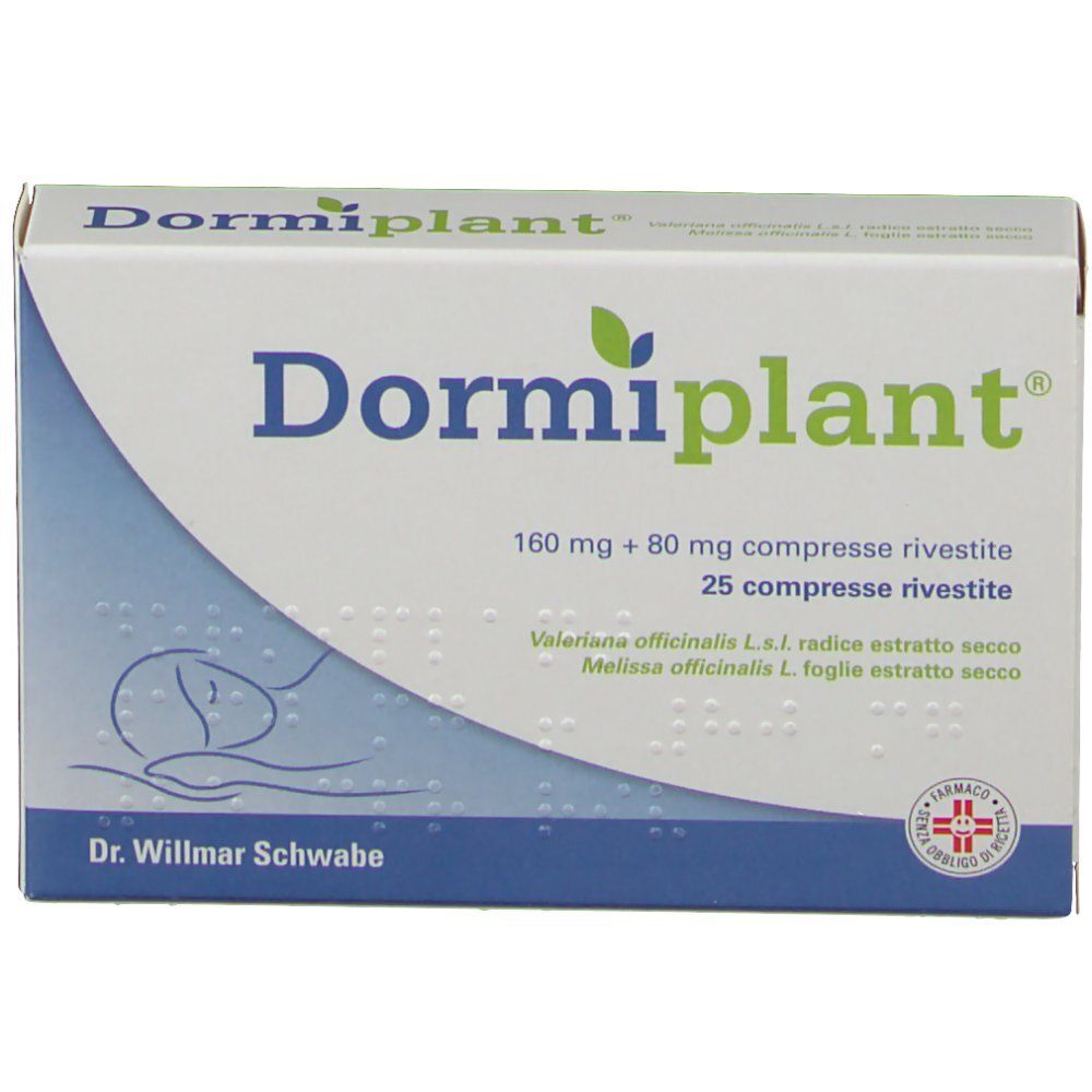 Fronte della scatola Dormiplant®. Nome del prodotto, ingredienti, logo farmacia. Confezione bianca e blu.