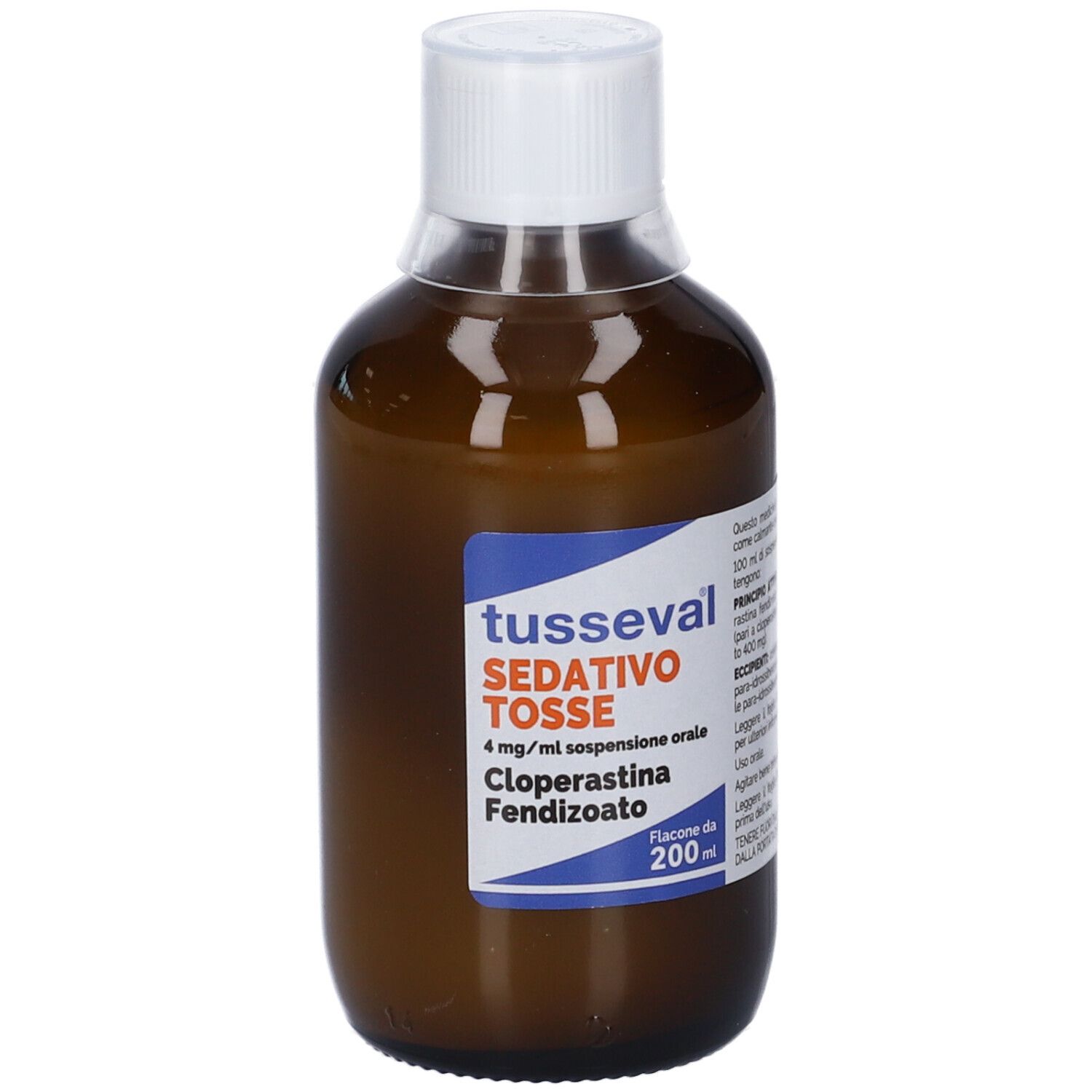 Flacone in vetro ambrato con tappo a vite bianco. Etichetta blu frontale con informazioni sul prodotto.