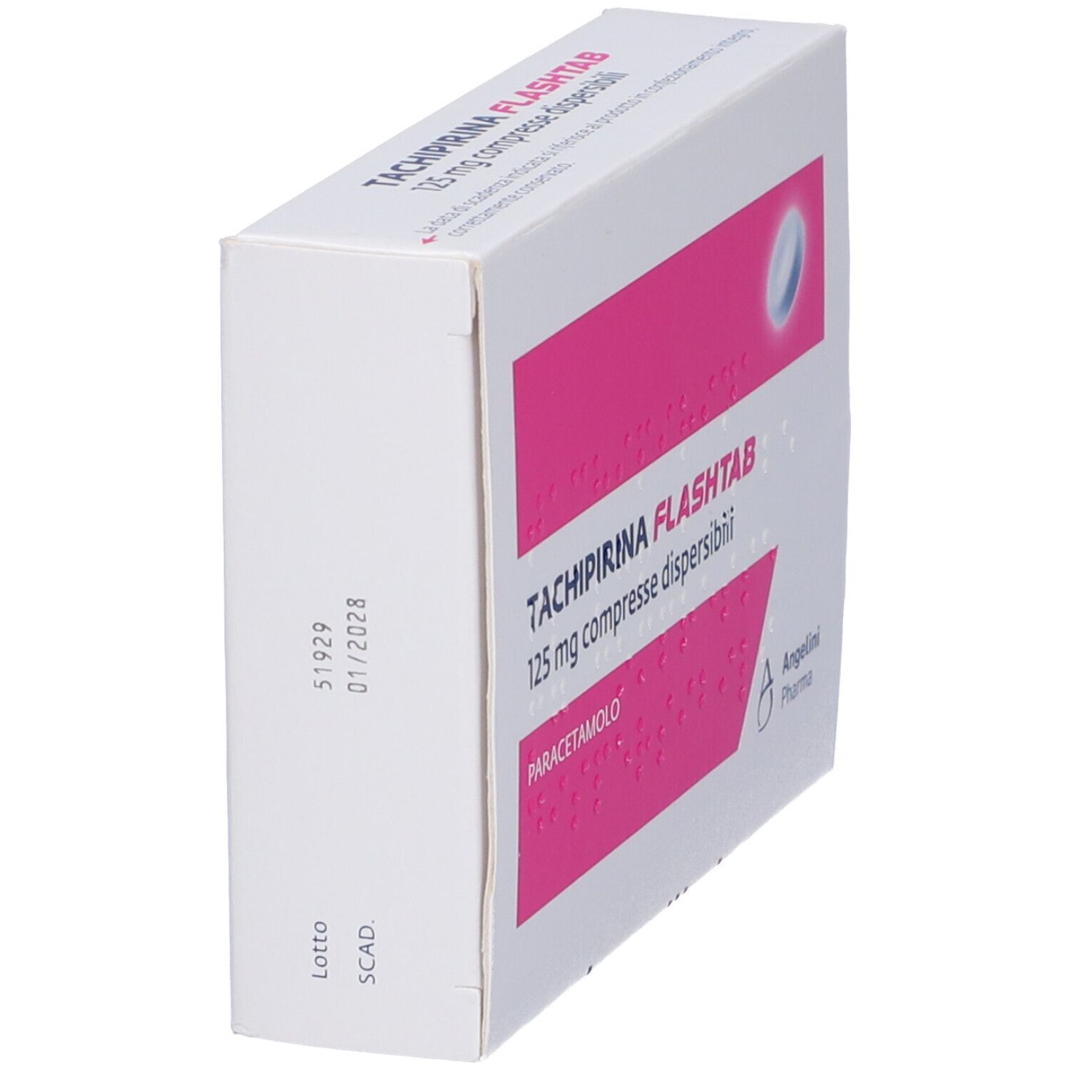 Scatola bianca, vista laterale. Scritto: TACHIPIRINA FLASHTAB 125 mg compresse dispersibili. Paracetamolo. Logo Angeliini Pharma. Scadenza.