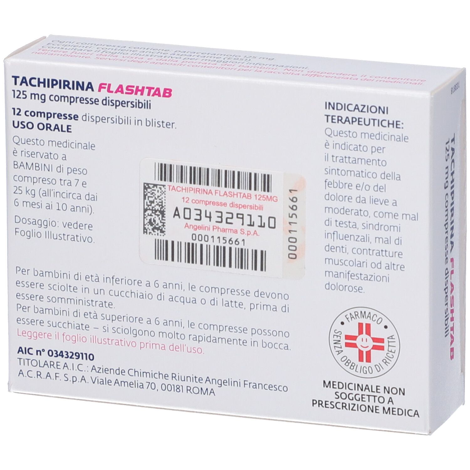 Retro della scatola bianca. Testo: TACHIPIRINA FLASHTAB 125 mg compresse dispersibili. Istruzioni per l'uso. Logo Farmaco senza obbligo di ricetta.