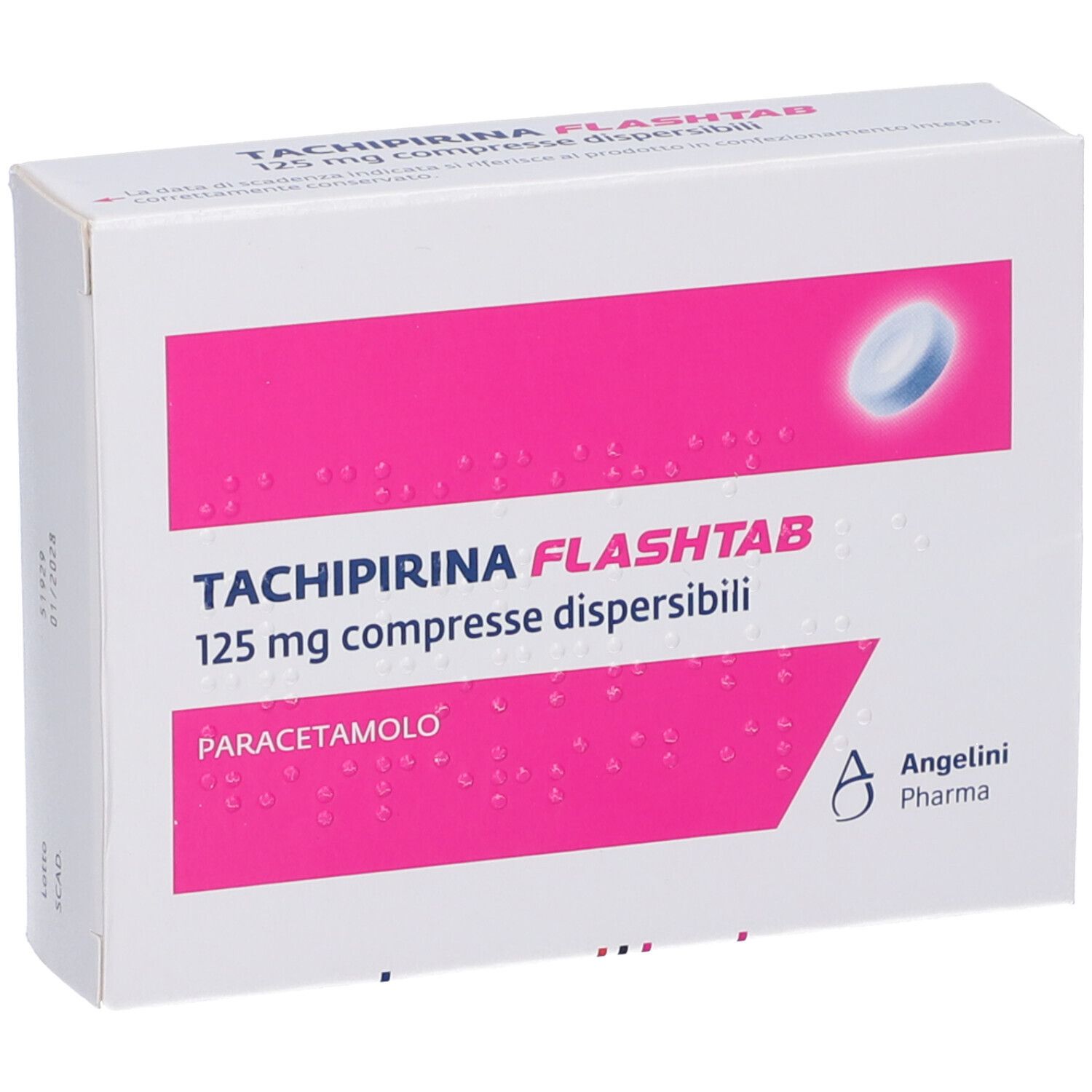 Scatola bianca con dettagli rosa. Scritto: TACHIPIRINA FLASHTAB 125 mg compresse dispersibili. Paracetamolo. Logo Angeliini Pharma.