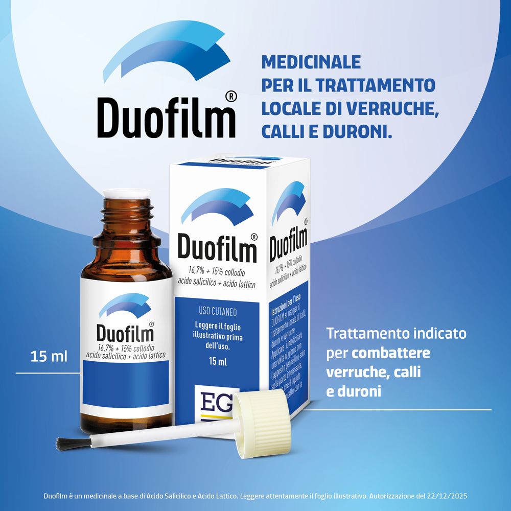 Flacone e scatola Duofilm per verruche, calli e duroni.