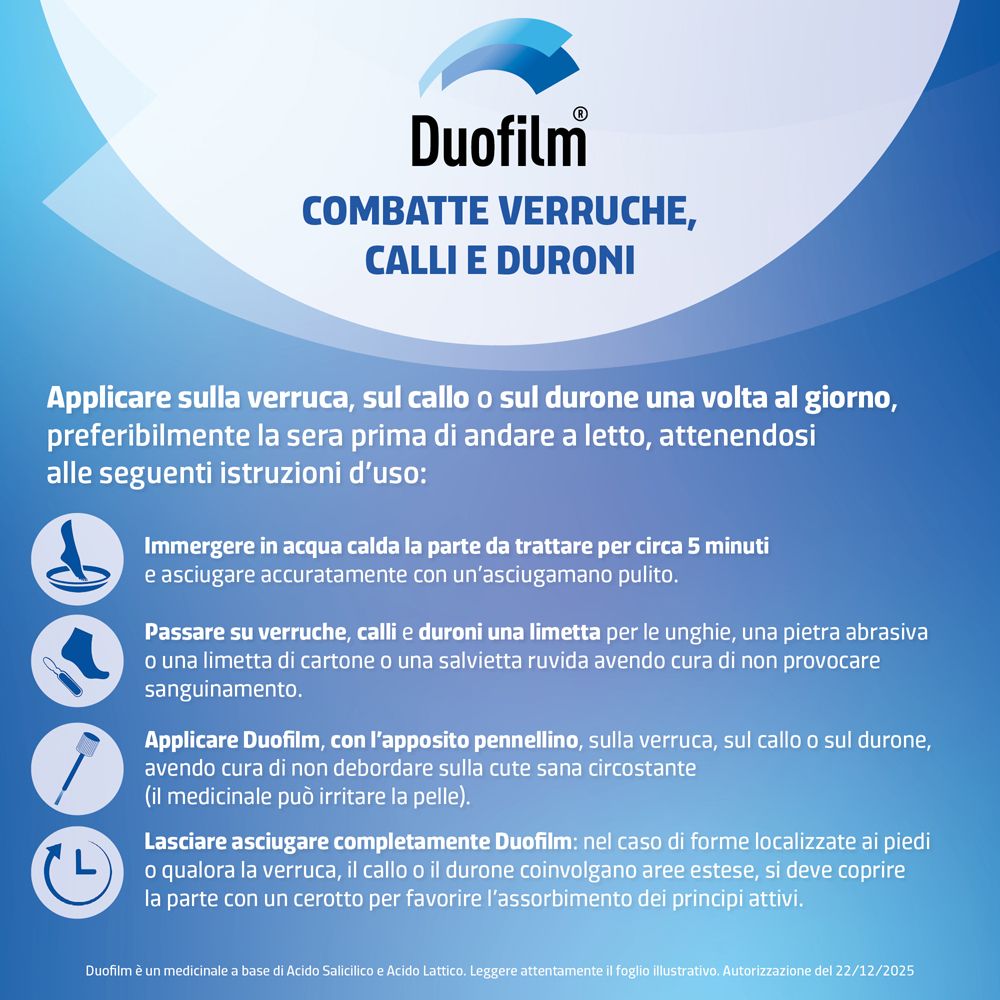 Istruzioni per l'uso Duofilm: Immergere, asciugare, applicare, lasciare asciugare.