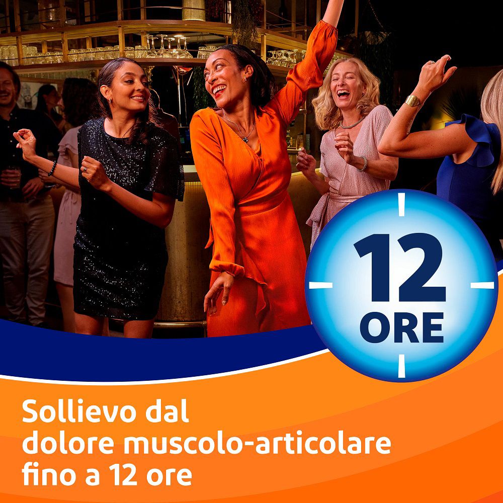 Scena con persone che ballano. Grande simbolo blu di 12 ore. Testo: Sollevio dal dolore muscolo-articolare fino a 12 ore.
