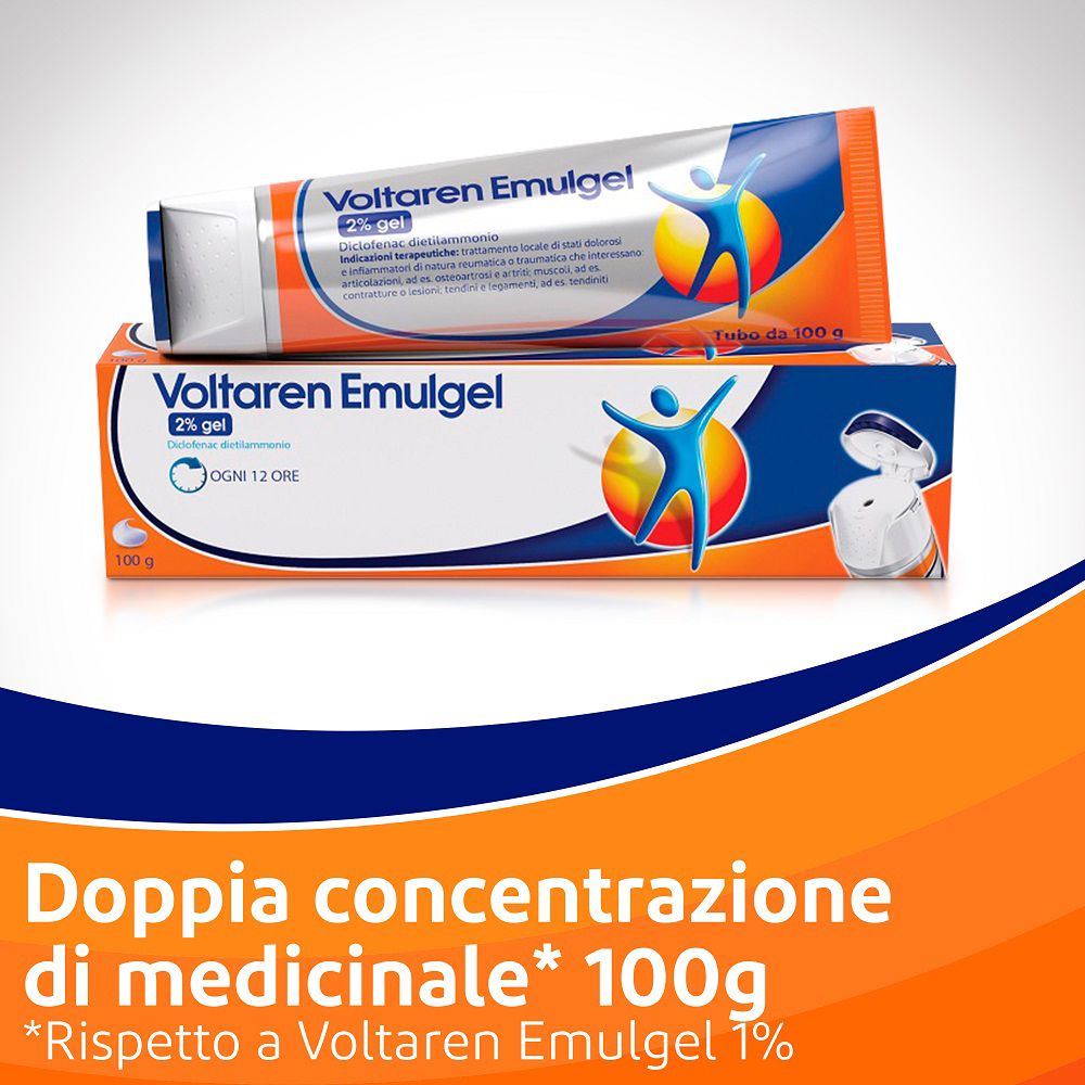 Tubo e scatola Voltaren Emulgel. Design arancione e blu. Testo: Voltaren Emulgel, 2% gel. 100g. Doppia concentrazione.