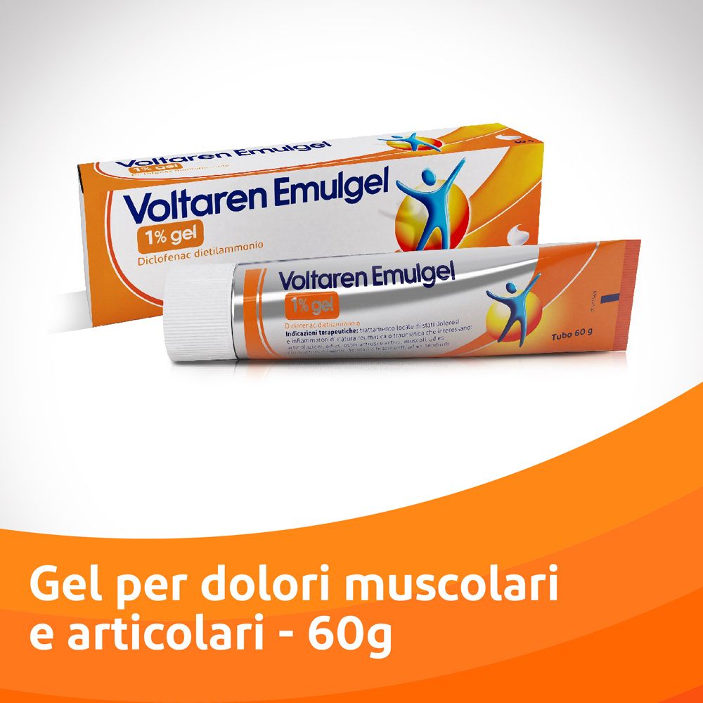 Voltaren Emulgel 1% gel e scatola. Tubo 60g. Arancione e bianco. Contiene diclofenac. Logo con persona.