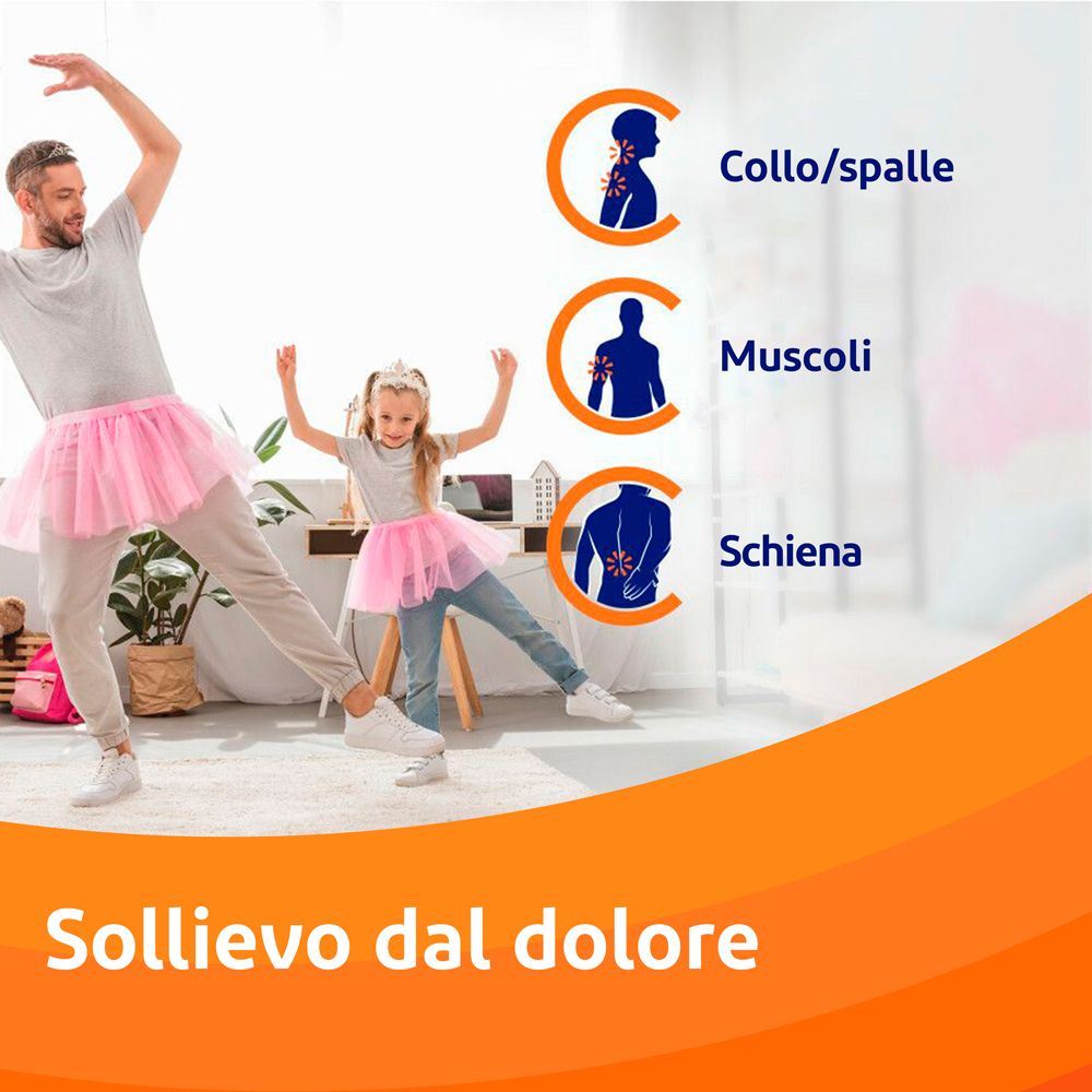 Uomo e bambina ballano. Grafici mostrano: Colli/spalle, Muscoli, Schiena. Testo: Sollievo dal dolore.