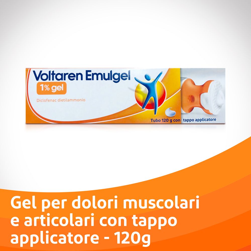 Tubo di gel Voltaren Emulgel 1%. Confezione bianca e arancione. Con applicatore.