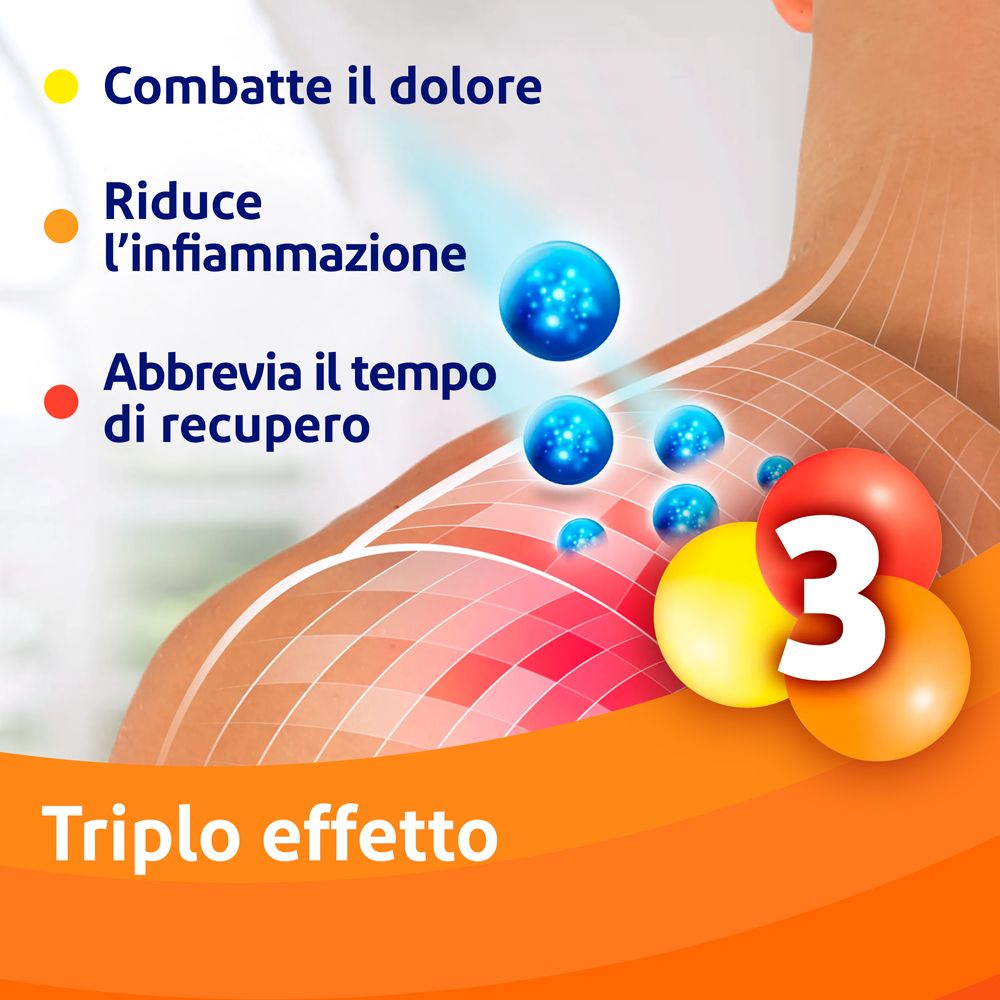 Illustrazione: 3 effetti. Sollievo dal dolore, riduzione infiammazione, recupero rapido. Sfondo arancione.