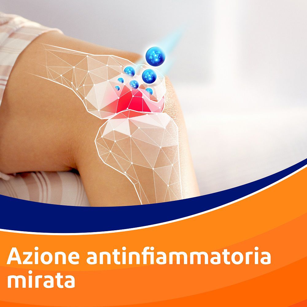 Ginocchio con marcatura rossa e sfere blu. Testo: 'Azione antinfiammatoria mirata'.