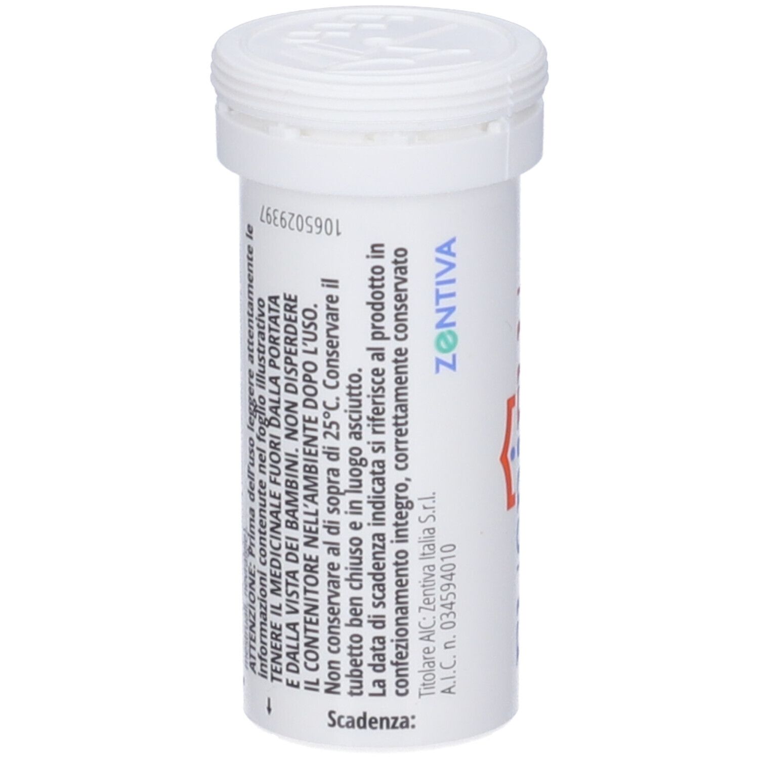 Contenitore cilindrico bianco con tappo a vite. Testo in italiano. Informazioni produttore e data di scadenza.