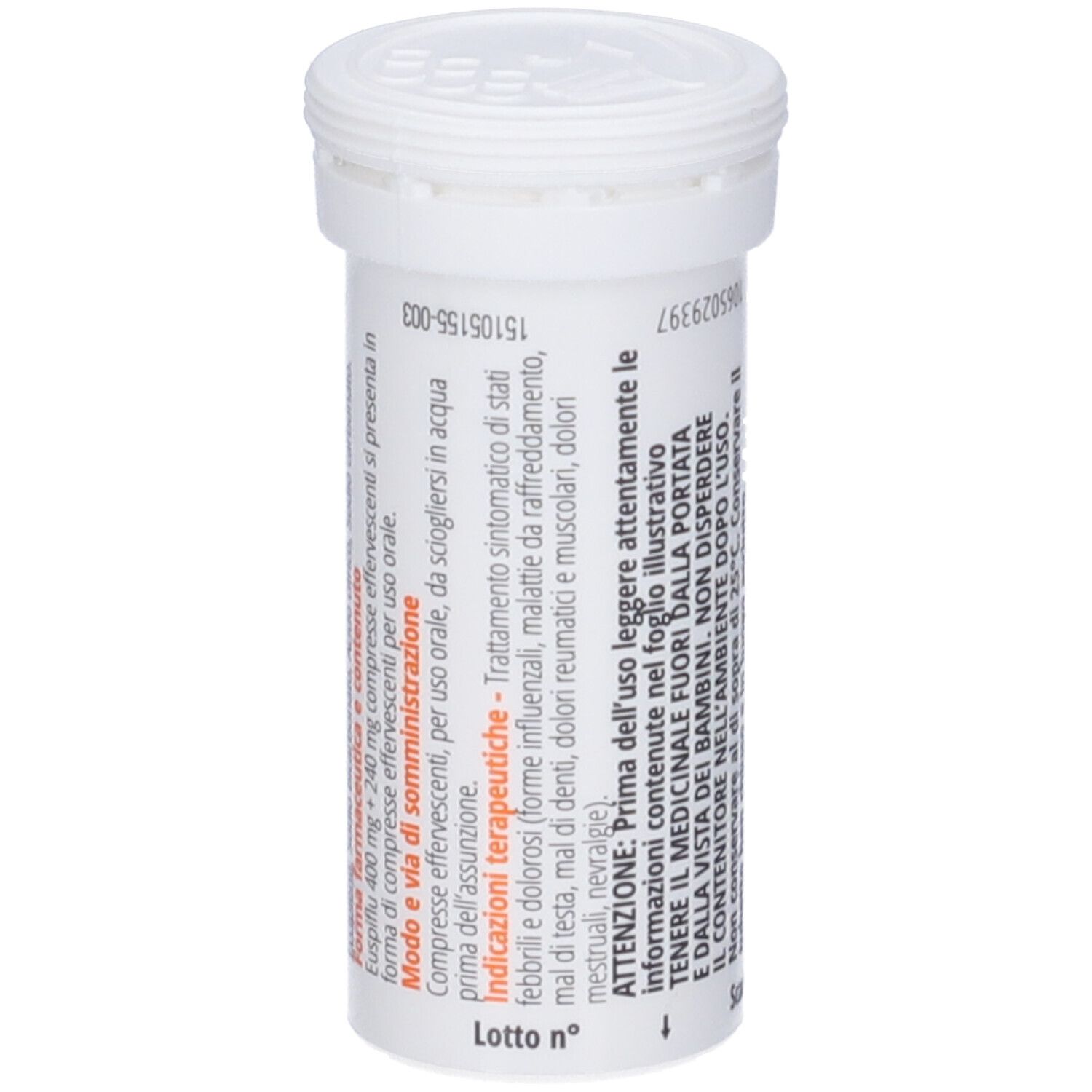 Contenitore cilindrico bianco con tappo a vite. Testo in italiano. Informazioni sull'uso e sugli ingredienti.