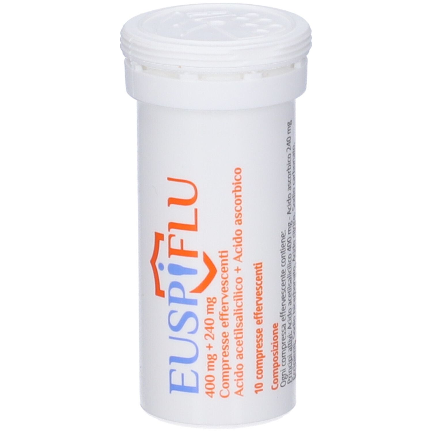 Contenitore cilindrico bianco con tappo a vite. Scritta: EUSPIFLU 400 mg + 240 mg, 10 compresse effervescenti.