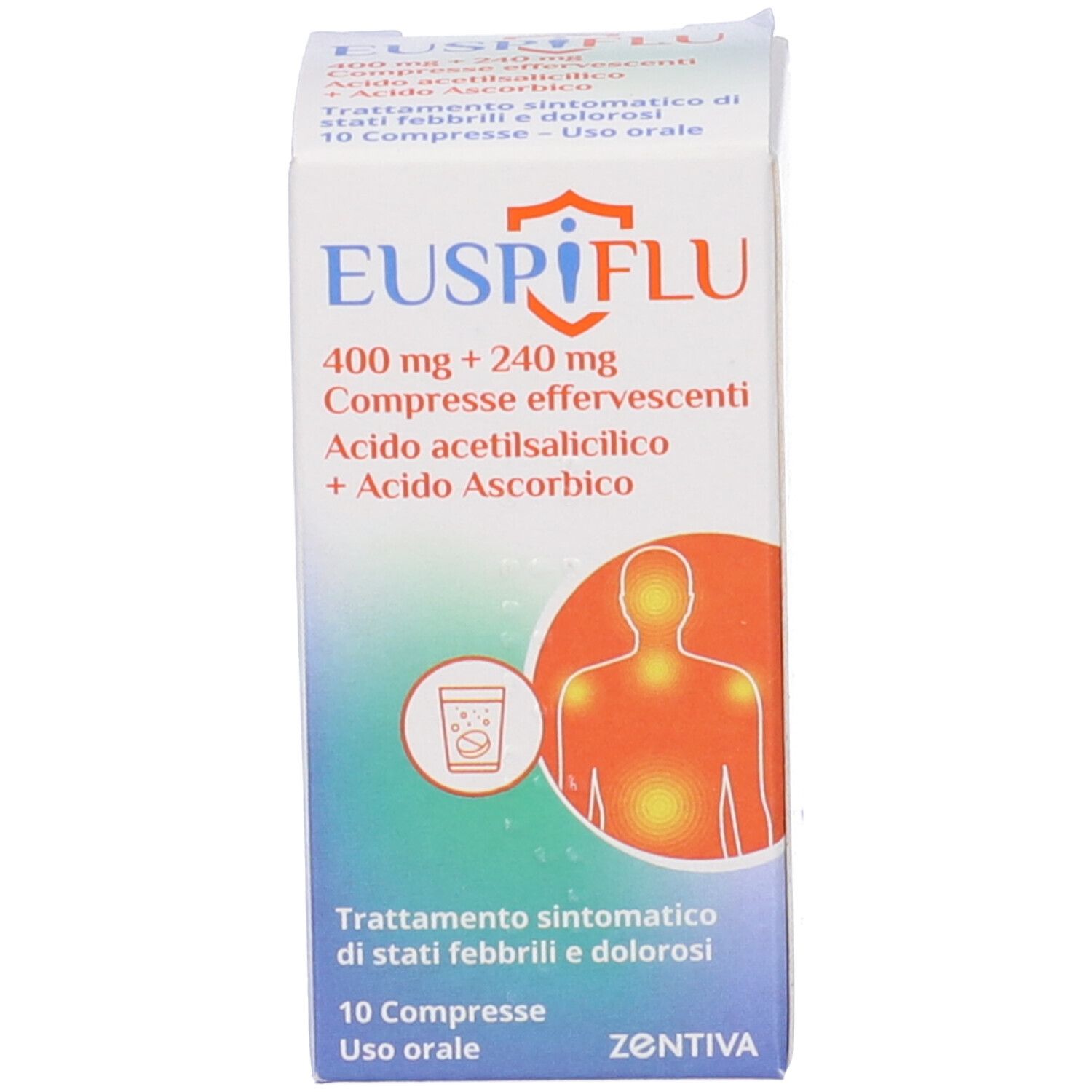 Confezione del prodotto. Scatola con scritta: EUSPIFLU 400 mg + 240 mg, 10 compresse effervescenti. Illustrazione di una persona.