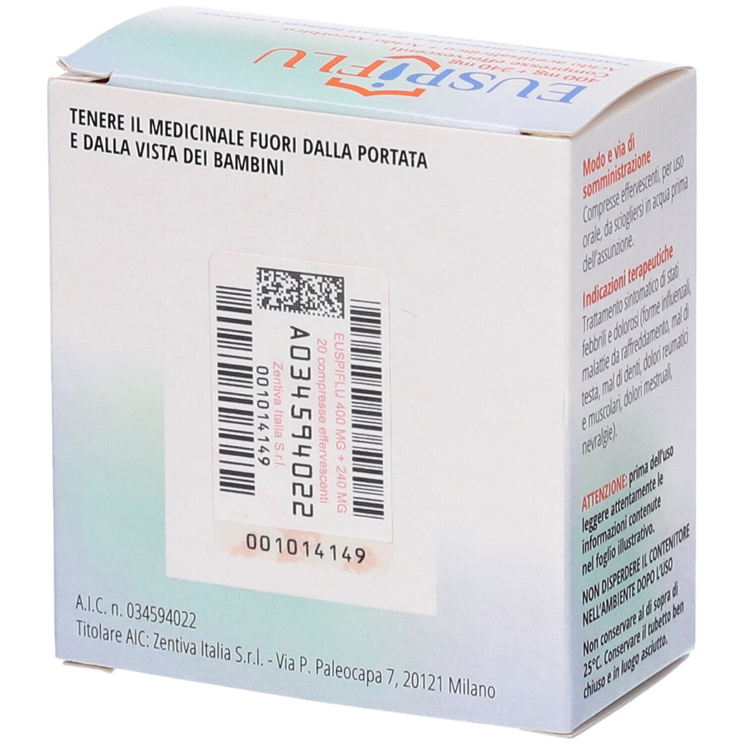 Retro della scatola di Euspiflu. Contiene un'etichetta con codice a barre e informazioni sul prodotto. Zentiva.